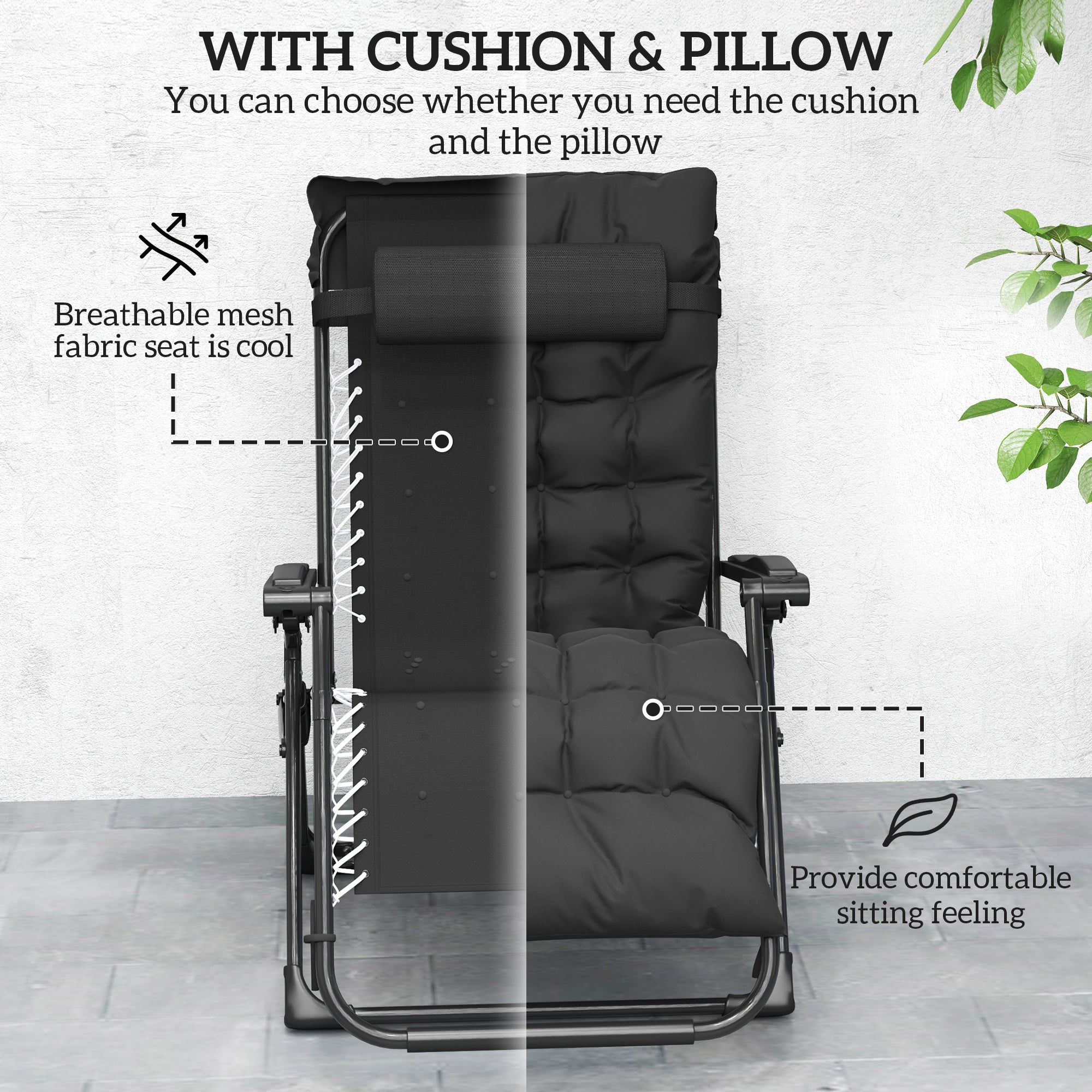 Folding Garden Chairs Set of 2, Reclining Zero Gravity Chair, Sun Lounger with Cushion and Headrest, Black