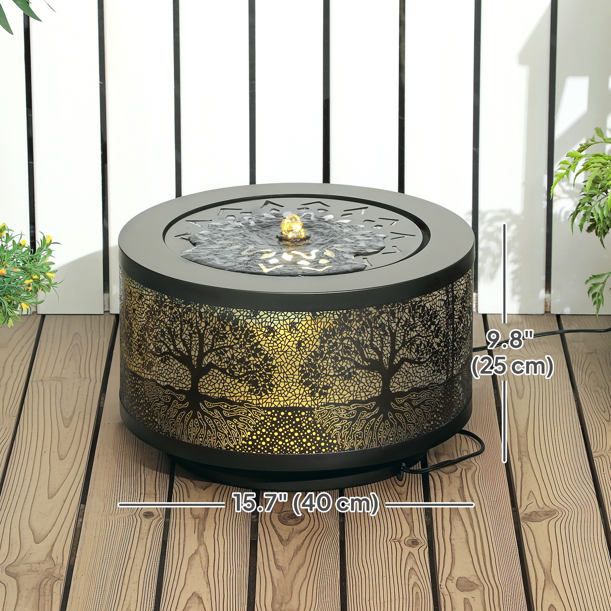 Outdoor Water Fountain with LED Lights, 10" Tall Garden Waterfall Fountain Feature with Adjustable Flow, Black