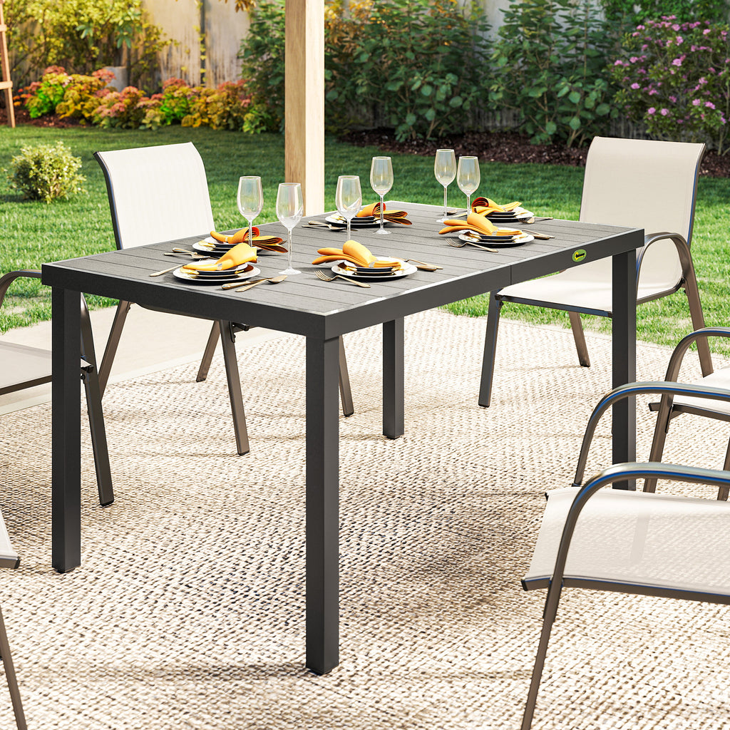 Rectangular Patio Table for 6, Outdoor Dining Table with Wood-Plastic Composite Top and Steel Frame for Garden, Grey