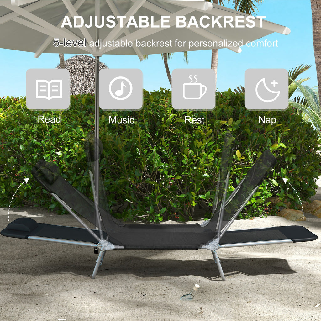 Folding Outdoor Lounge Chair Set of 2, Reclining Tanning Chair with 5-Position Adjustable Backrest, Black