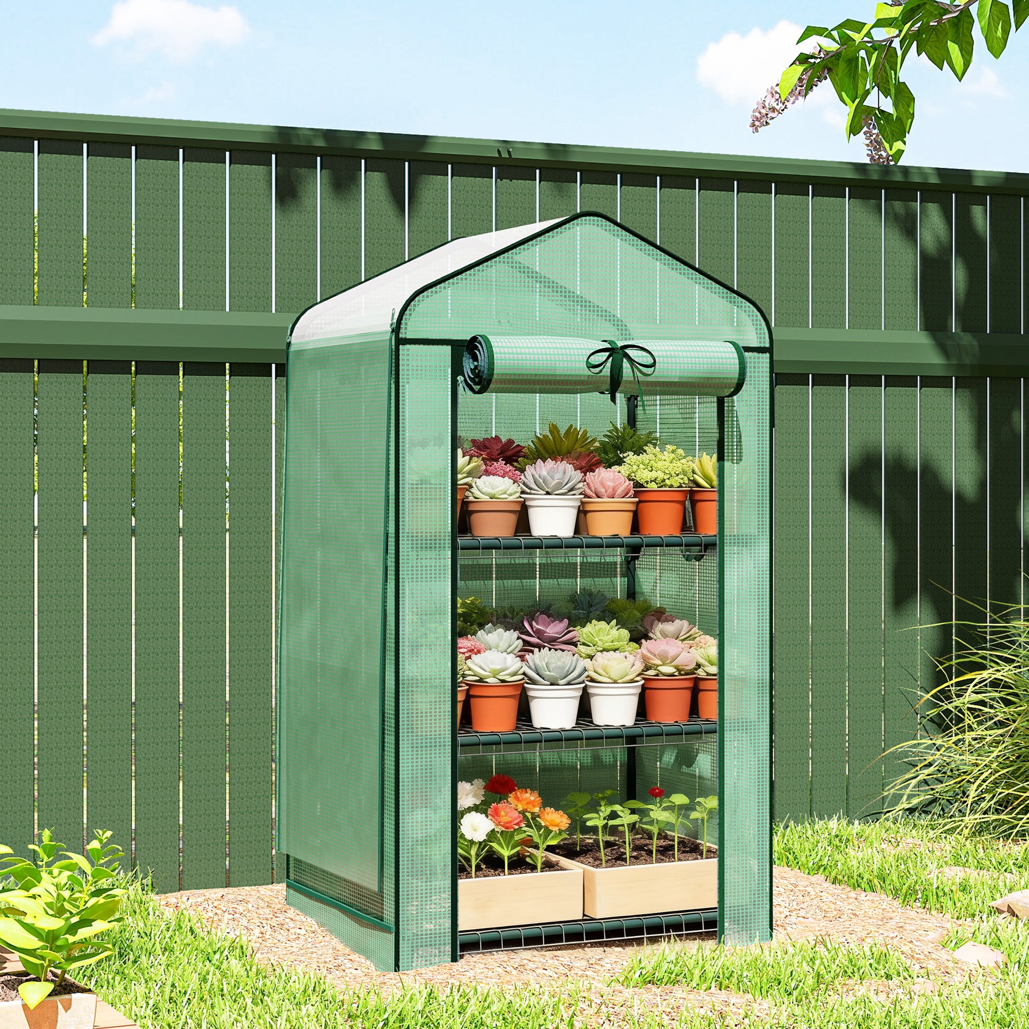 Mini Greenhouse with Screen Roof, Portable Small Greenhouse with Roll-Up Zipper Door, 27.6" x 19.7" x 50", Green