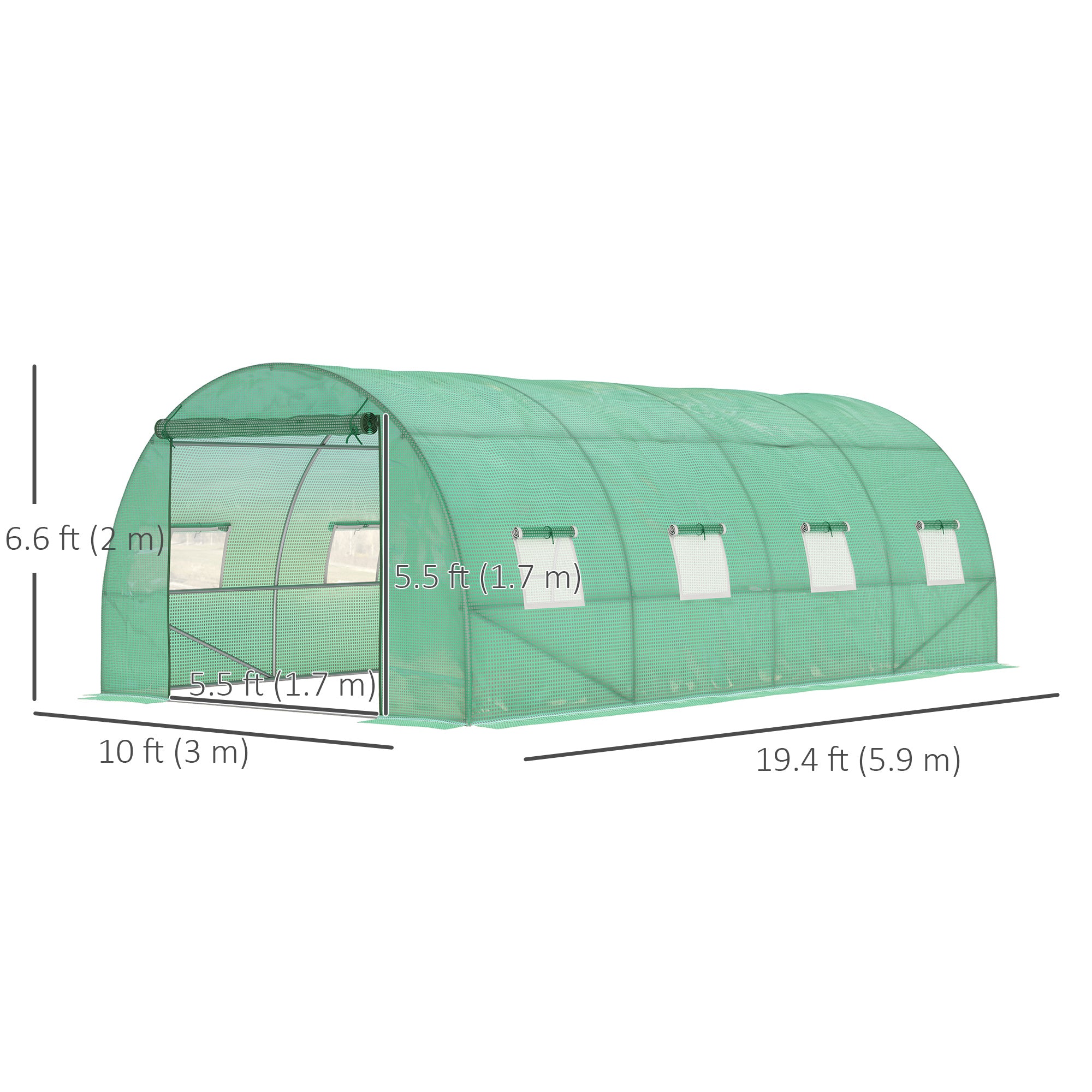 Walk-in Tunnel Greenhouse, 19 x 10 x 6.6 ft Hoop House with Zipped Roll-Up Door, 8 Mesh Windows, Wind Resistance Level 4, Green