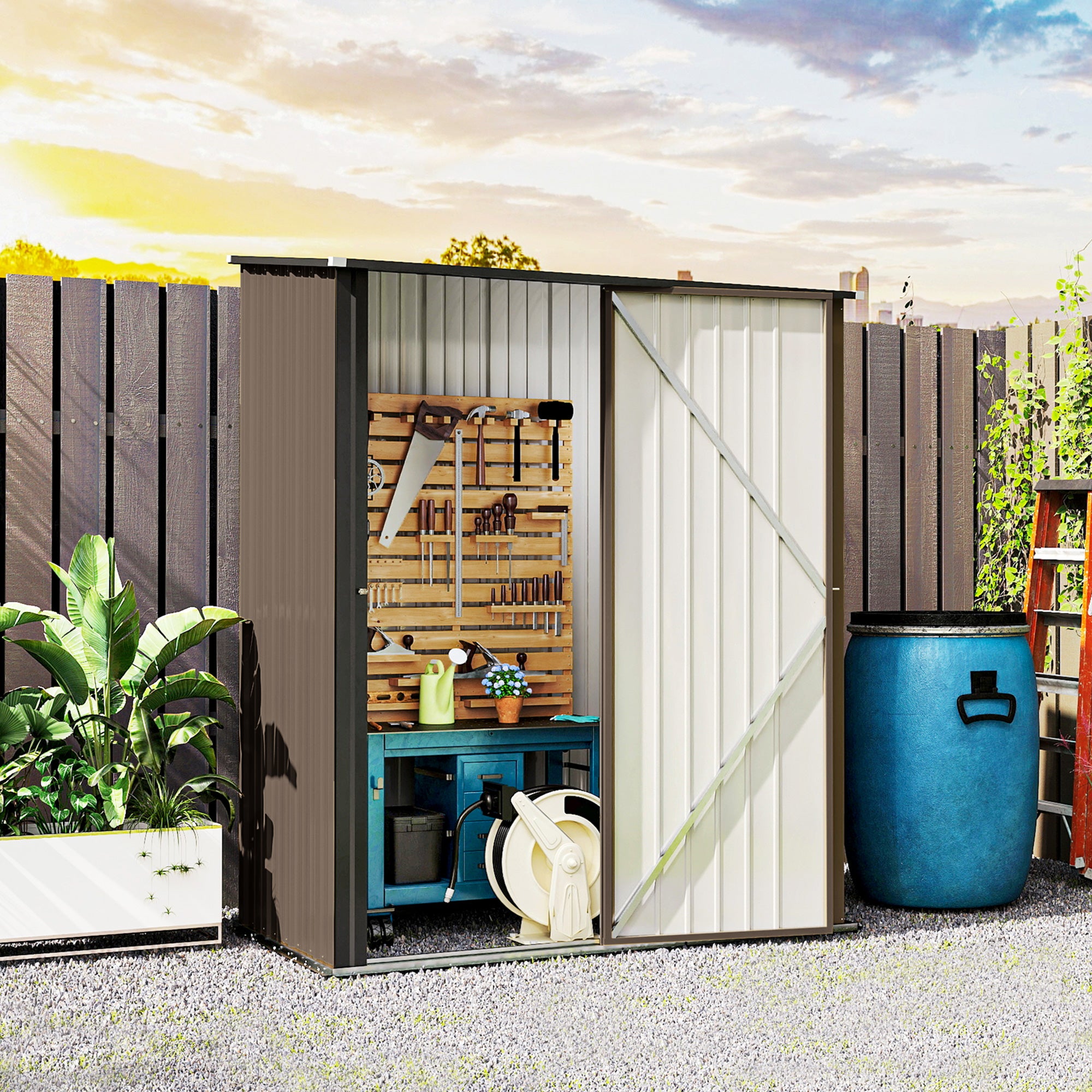 5' x 3' Outdoor Storage Shed, Steel Garden Shed with Single Lockable Door, Tool Storage Shed for Backyard, Brown