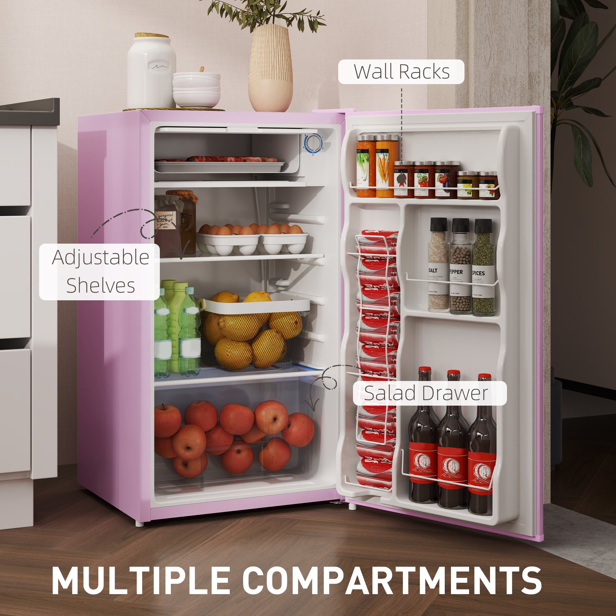 Compact Refrigerator, Mini Fridge with Freezer, Adjustable Shelf, Mechanical Thermostat and Reversible Door, Pink