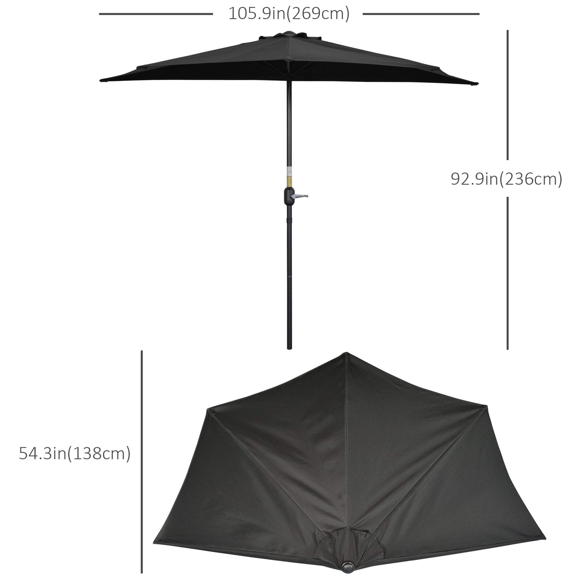 9ft Half Round Umbrella Outdoor Patio Garden Balcony Parasol Window Sun Shade w/ 5 Ribs Black