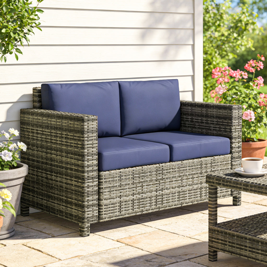 Wicker Outdoor Sofa, All Weather Patio Couch Loveseat with Cushions for Balcony, Deck, Garden, Poolside, Dark Blue