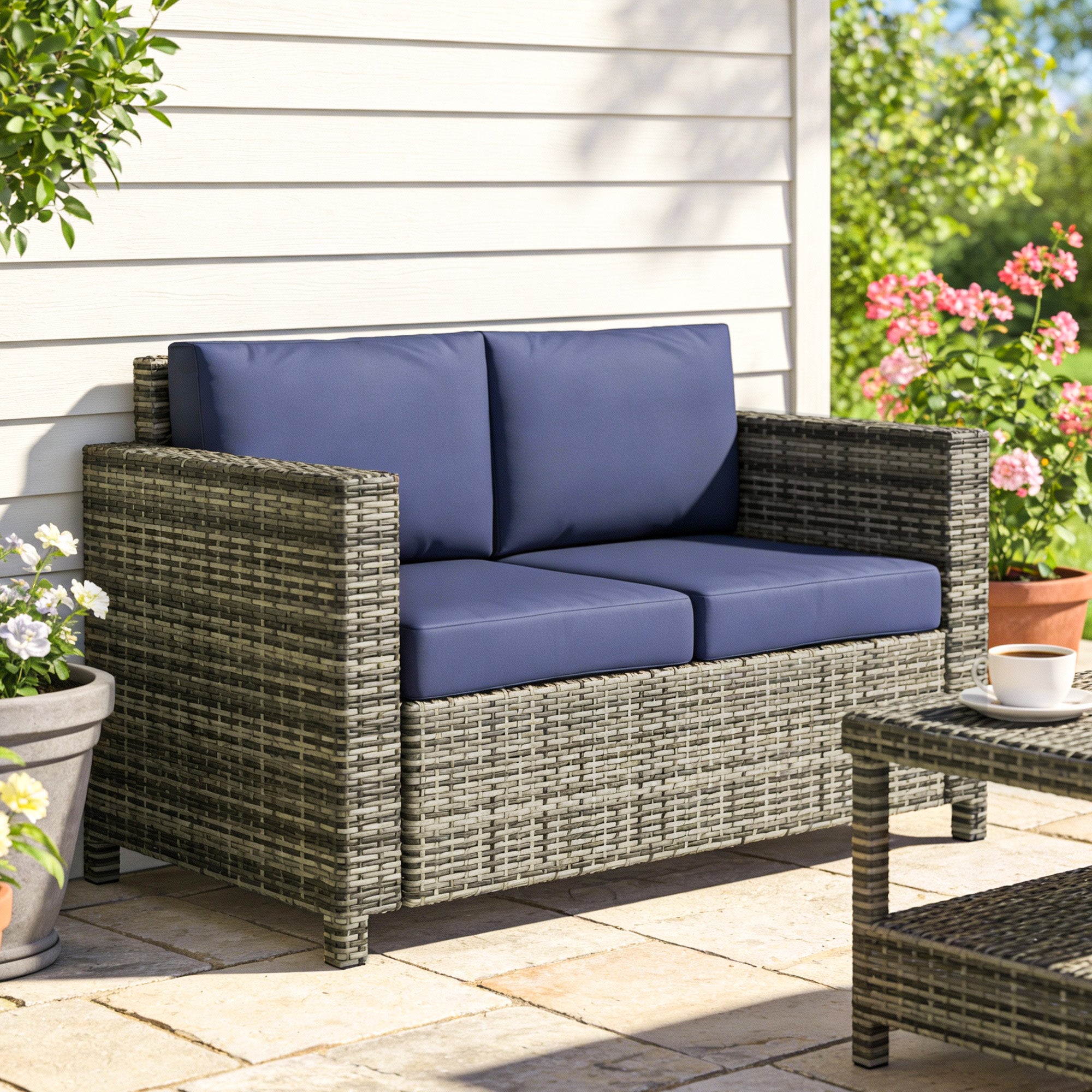 Wicker Outdoor Sofa, All Weather Patio Couch Loveseat with Cushions for Balcony, Deck, Garden, Poolside, Dark Blue