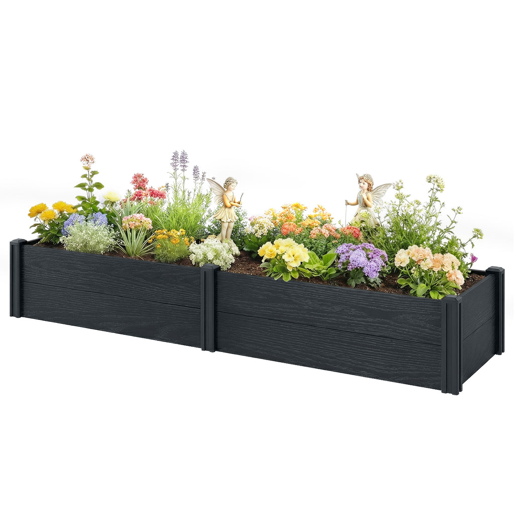 Vinyl Raised Garden Bed Kit, 6.5 x 2 x 1ft Elevated Garden Box with Divider and Open Bottom, Grey Wood Effect
