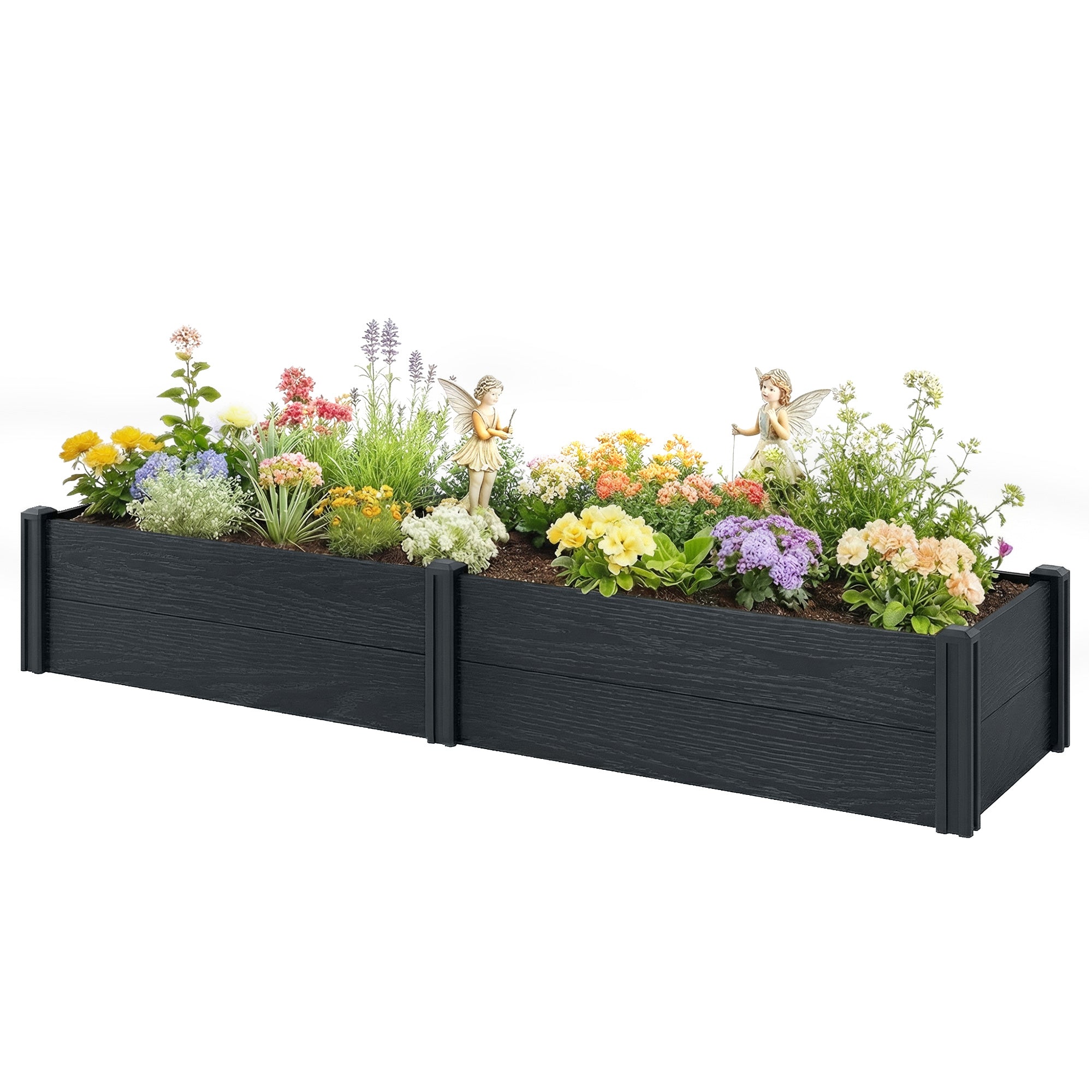 Vinyl Raised Garden Bed Kit, 6.5 x 2 x 1ft Elevated Garden Box with Divider and Open Bottom, Grey Wood Effect