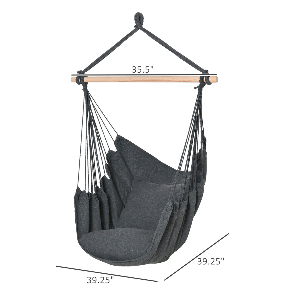 Hammock Chair Swing Hanging Macrame Chair Cotton w/ Two Soft Seat Cushions, for Bedroom Indoor Outdoor Ideal Gift for Kids Lover Birthday Present, Dark Grey