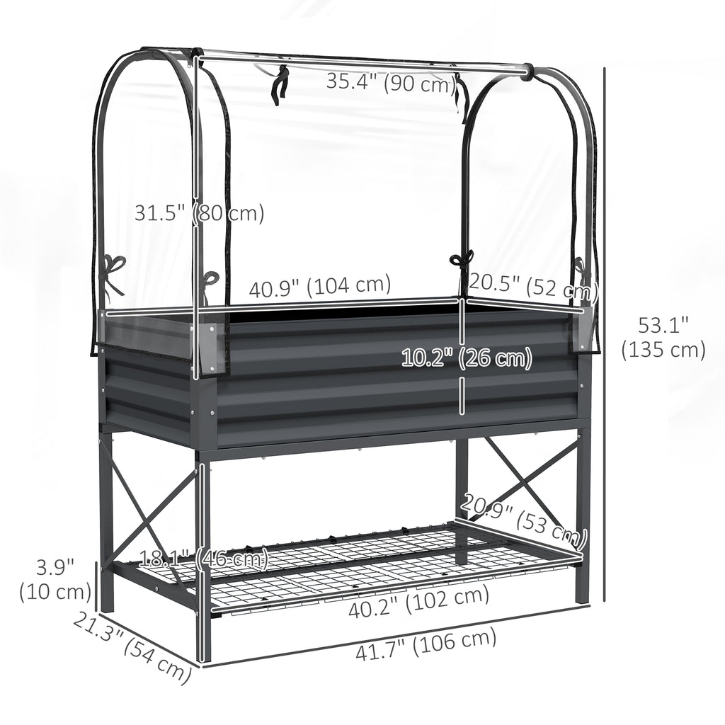 Raised Garden Bed with Cover, Metal Elevated Planter Box with Bottom Shelf and Liner, Dark Grey