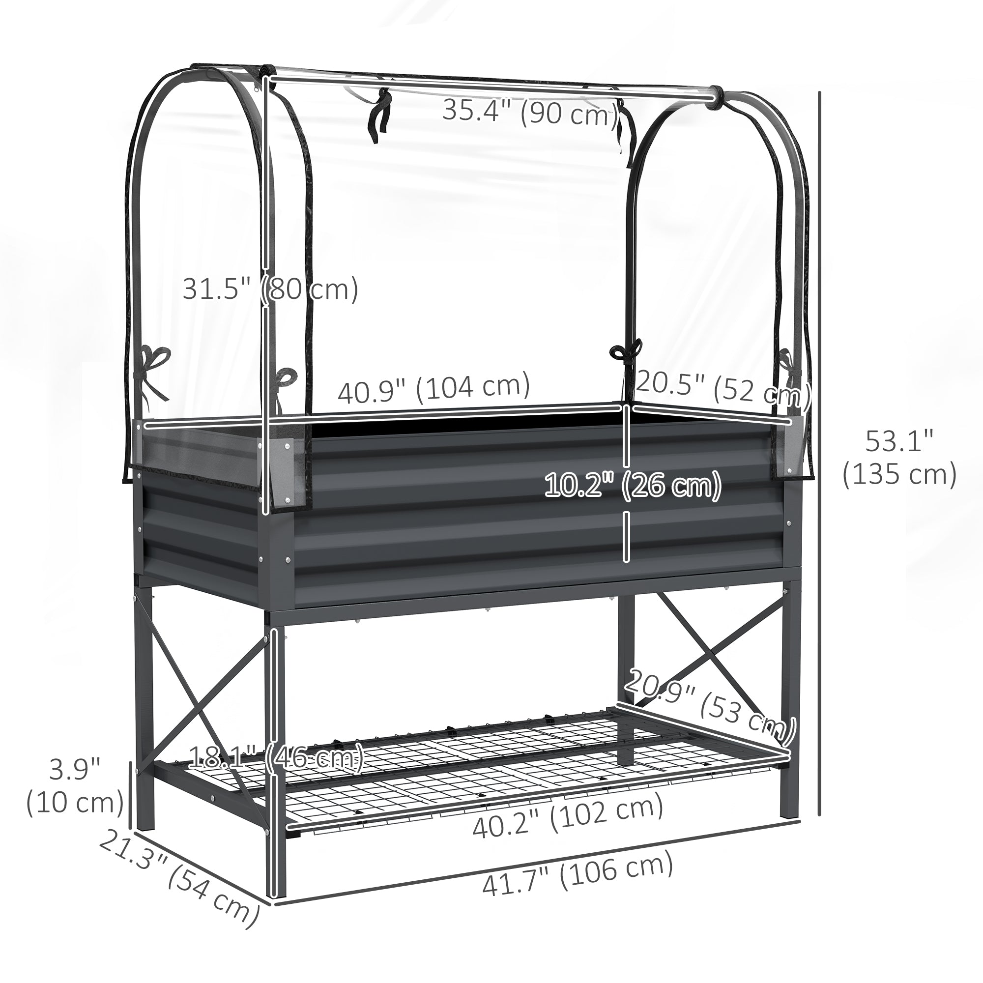 Raised Garden Bed with Cover, Metal Elevated Planter Box with Bottom Shelf and Liner, Dark Grey