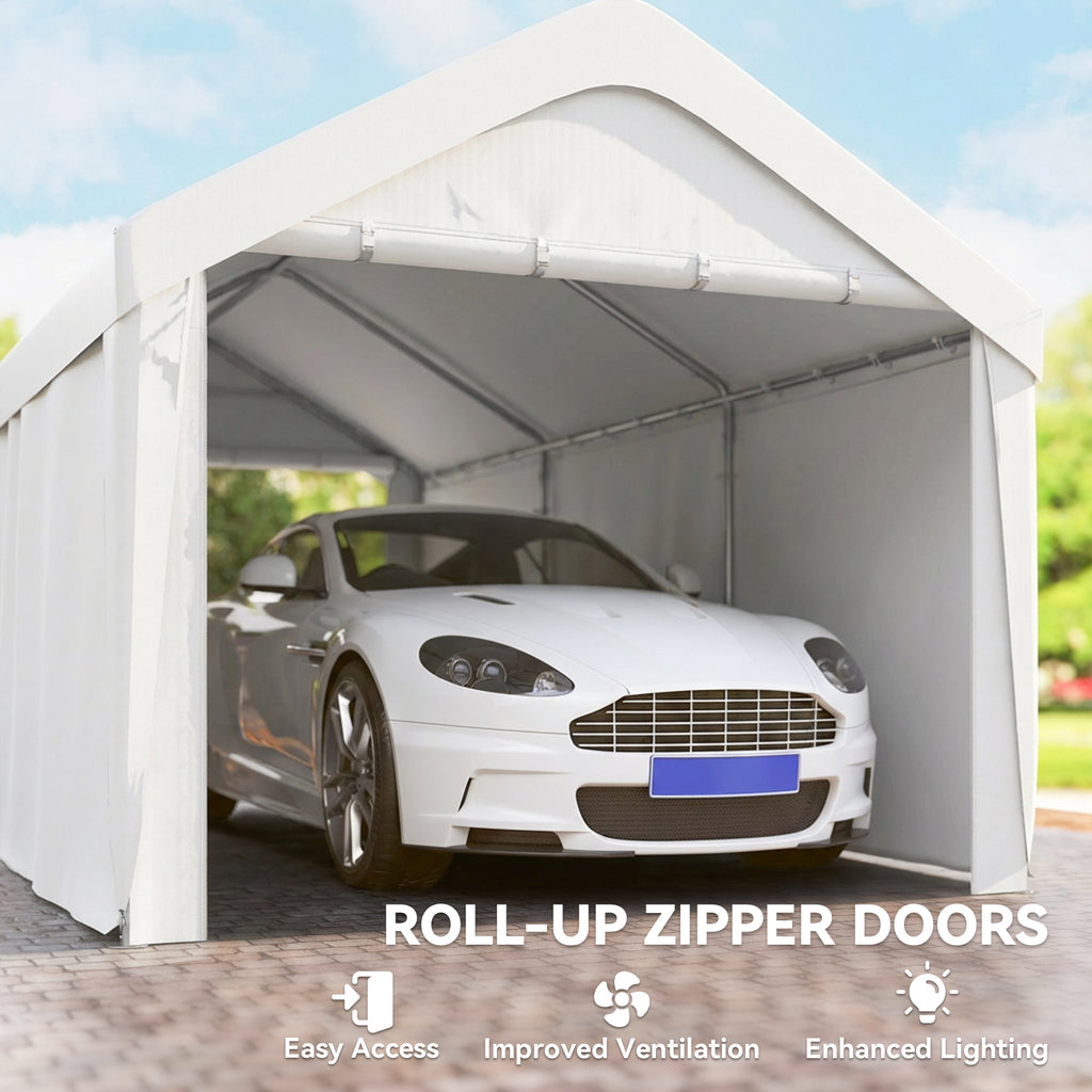 Carport, 10 x 20 ft Portable Garage with 2 Roll-Up Doors and Removable Sidewalls for Car, Truck, Boat, White