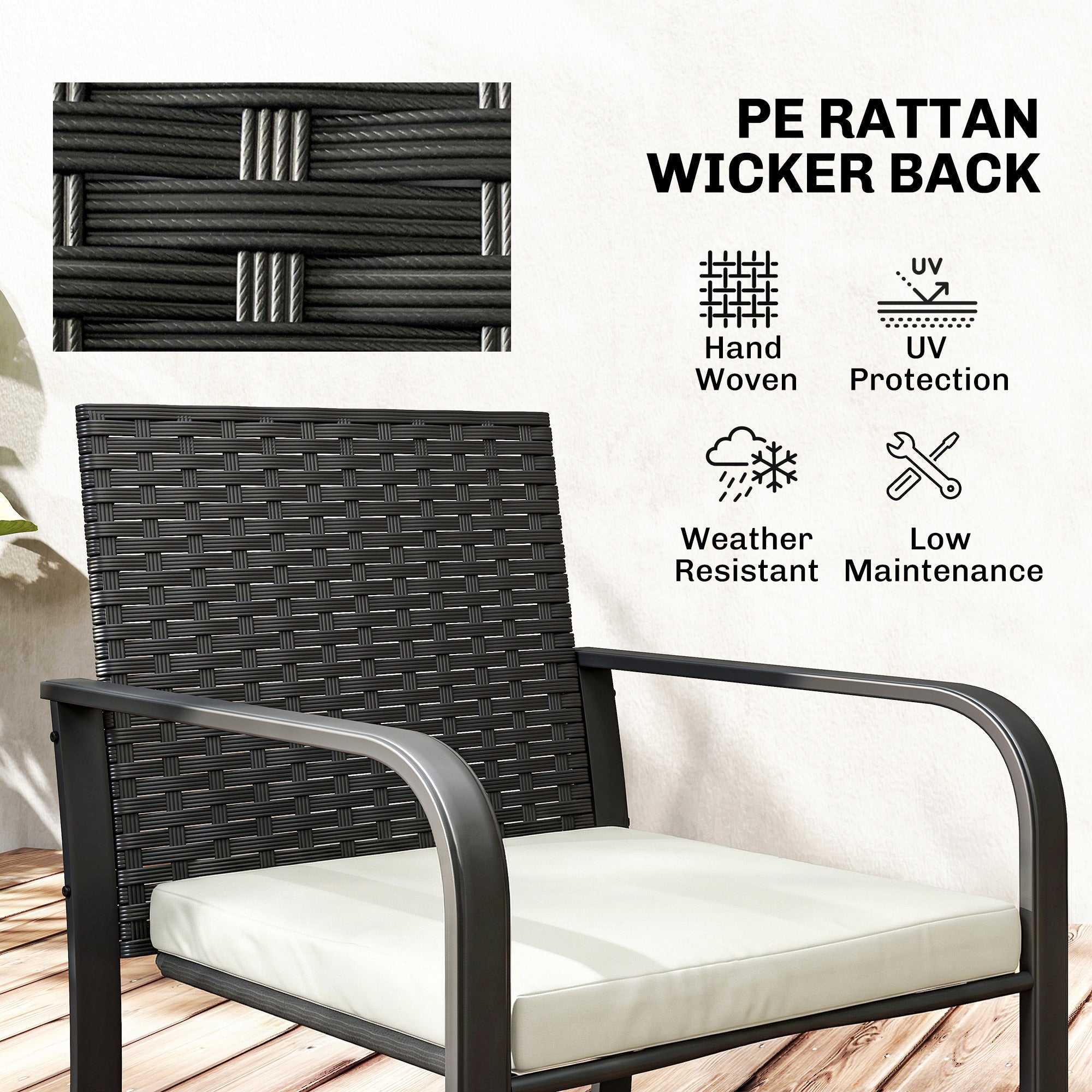 Outdoor Bistro Set, 3 Piece Wicker Patio Furniture with Mesh Seat, Glass Table, Cushions for Porch, Balcony, Cream White