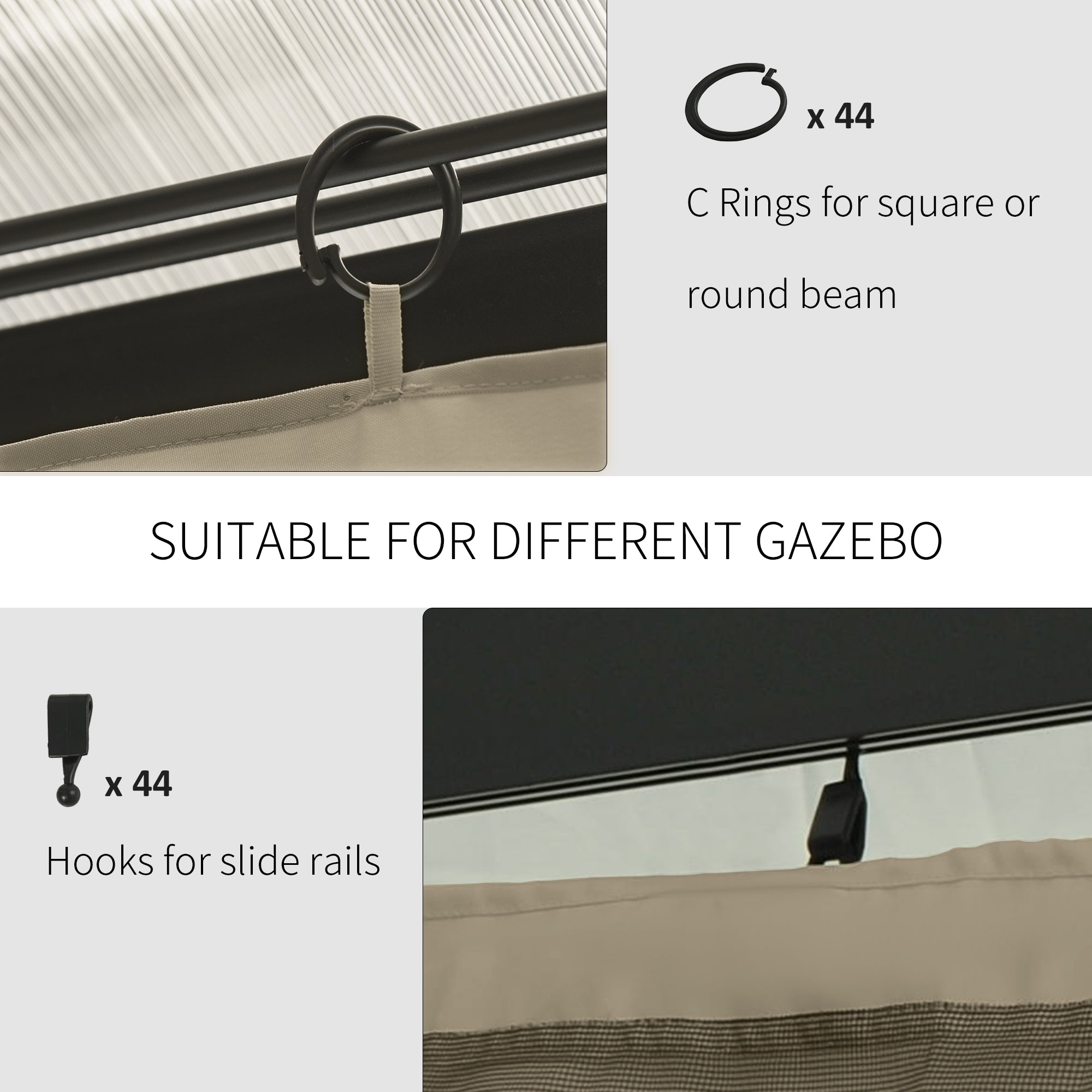 Gazebo Curtains, 10' x 12' Universal Replacement Privacy Curtain, 4-Panels Sidewall with Hooks/C-Rings, Beige