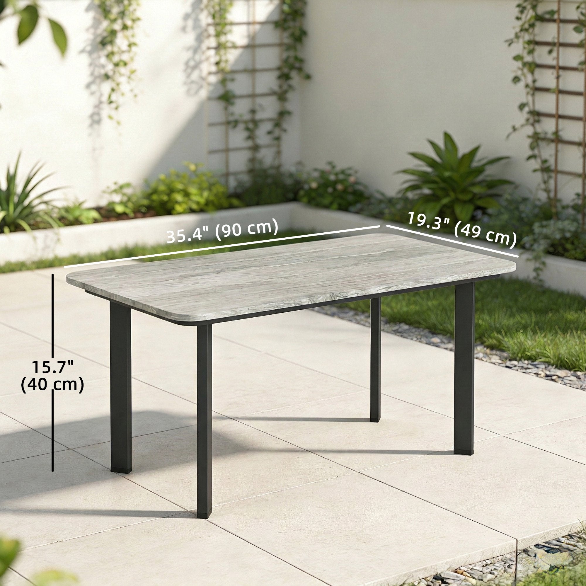 Outdoor Garden Coffee Table, Patio Table with Slatted Wood Plastic Composite Top and Steel Frame, Grey