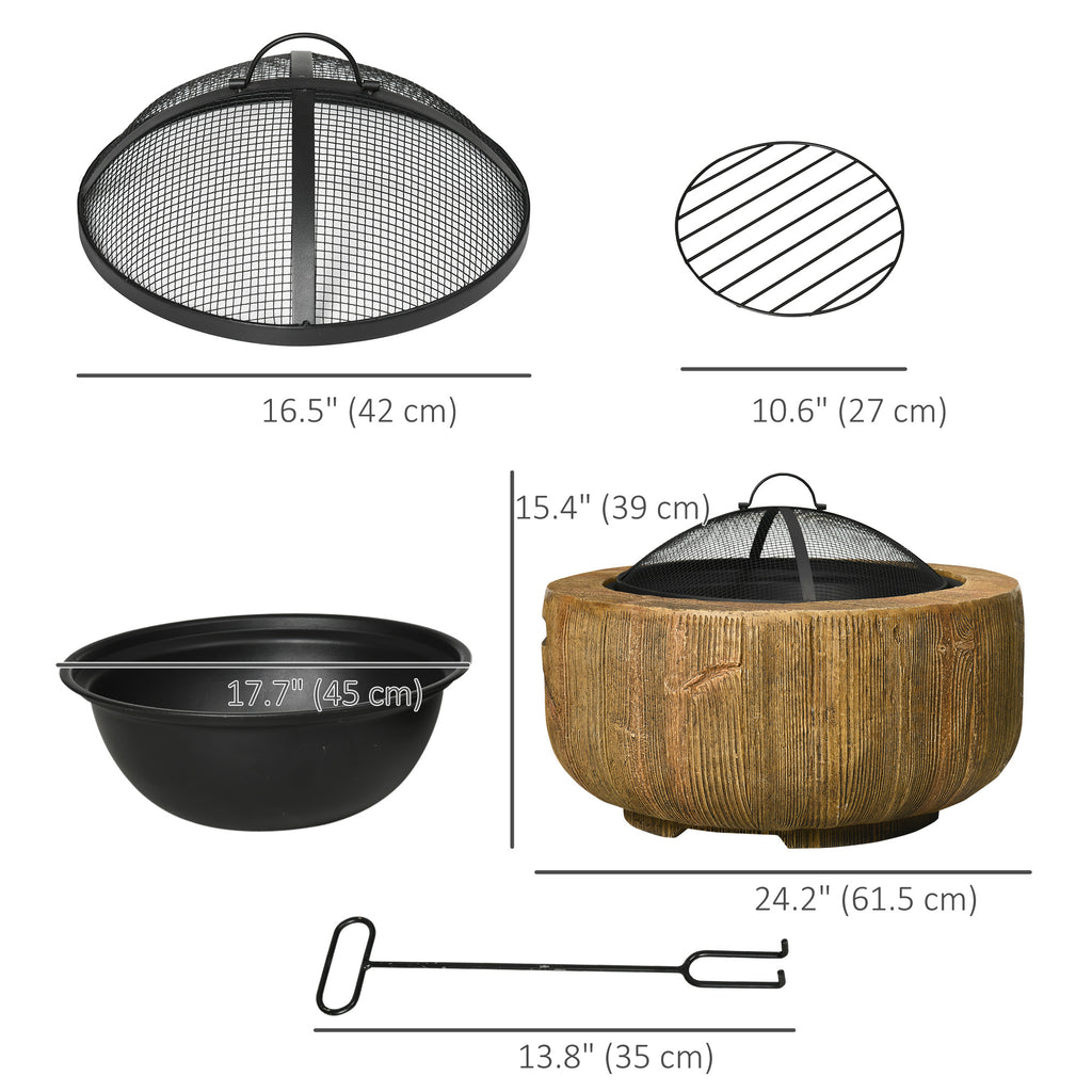 Outdoor Fire Pit, 24 Inch Metal Wood Burning Fireplace with Spark Cover, Poker, Woodgrain Design, Light Brown