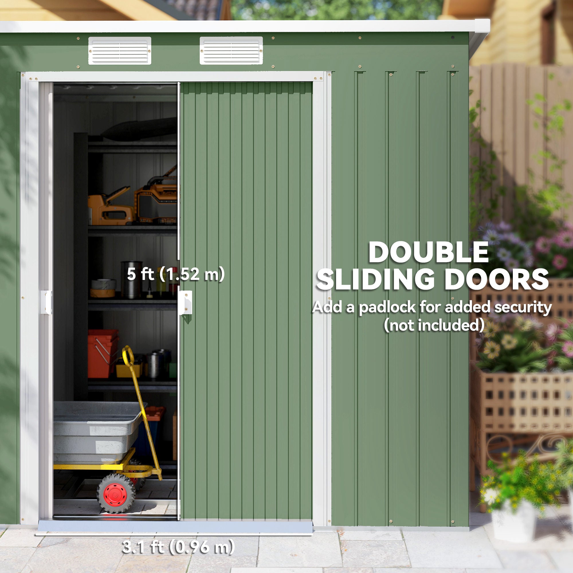 7' x 4' Galvanised Steel Garden Shed, with Foundation Kit - Green