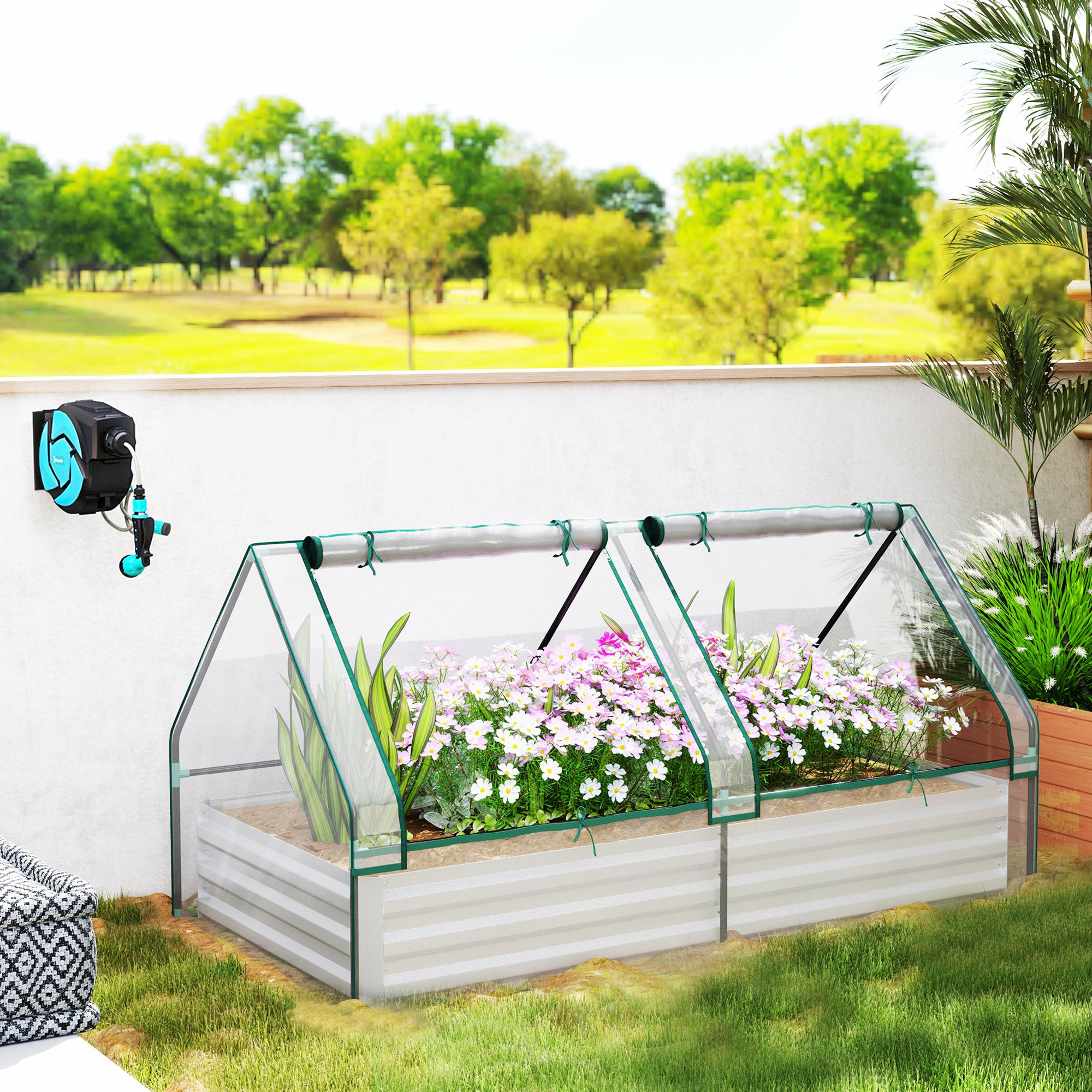 6' x 3' Metal Planter Box with Cover, Raised Garden Bed with Mini Greenhouse for Herbs, Vegetables, Clear and Silver