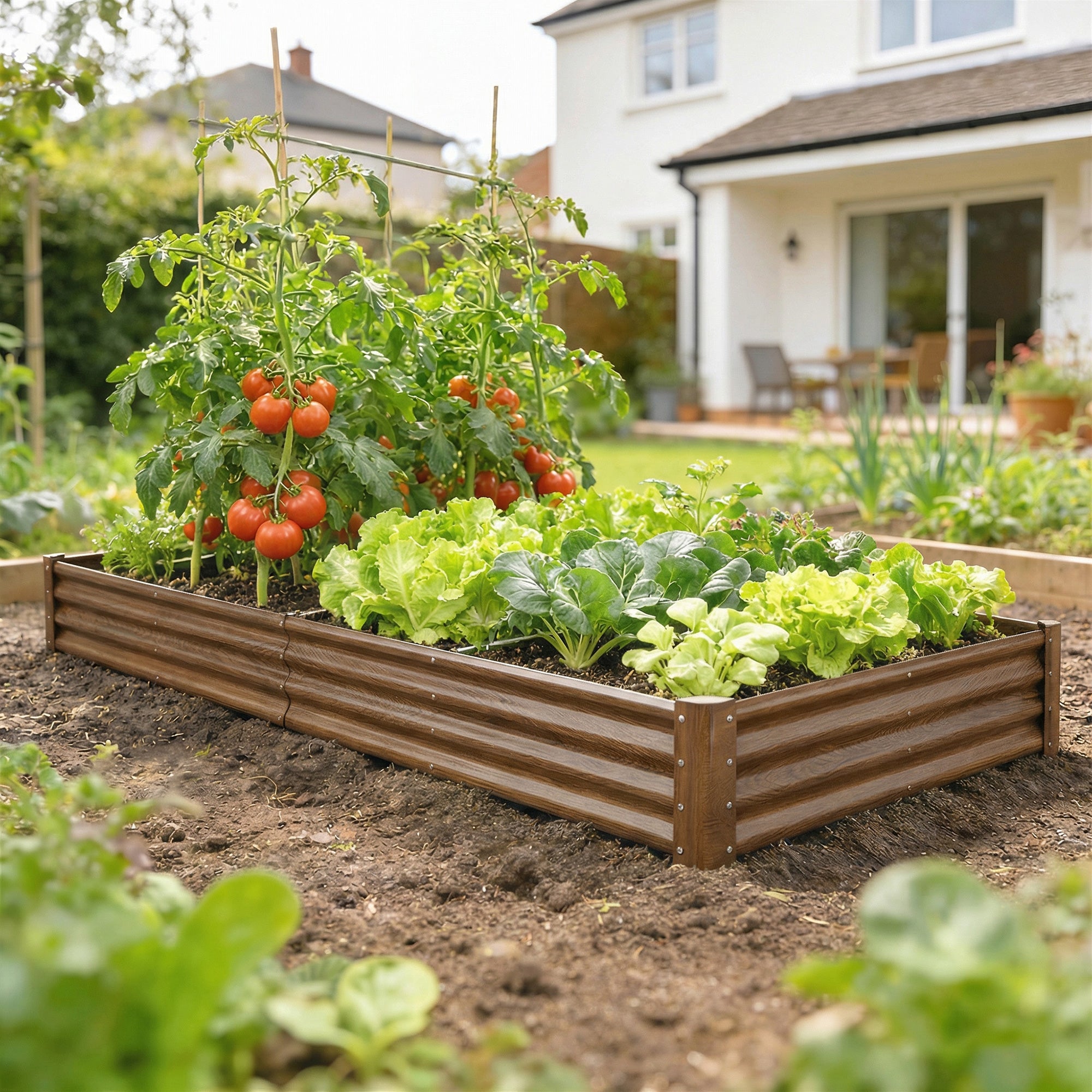 12 x 4 x 1ft Galvanized Raised Garden Bed, Reinforced Outdoor Planter Box with Open Bottom, Distressed Brown