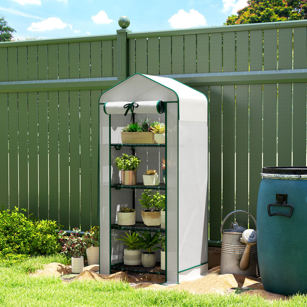 Mini Greenhouse with Screen Roof, Portable Small Greenhouse with Roll-Up Zipper Door, 27.6" x 19.7" x 62.2", White