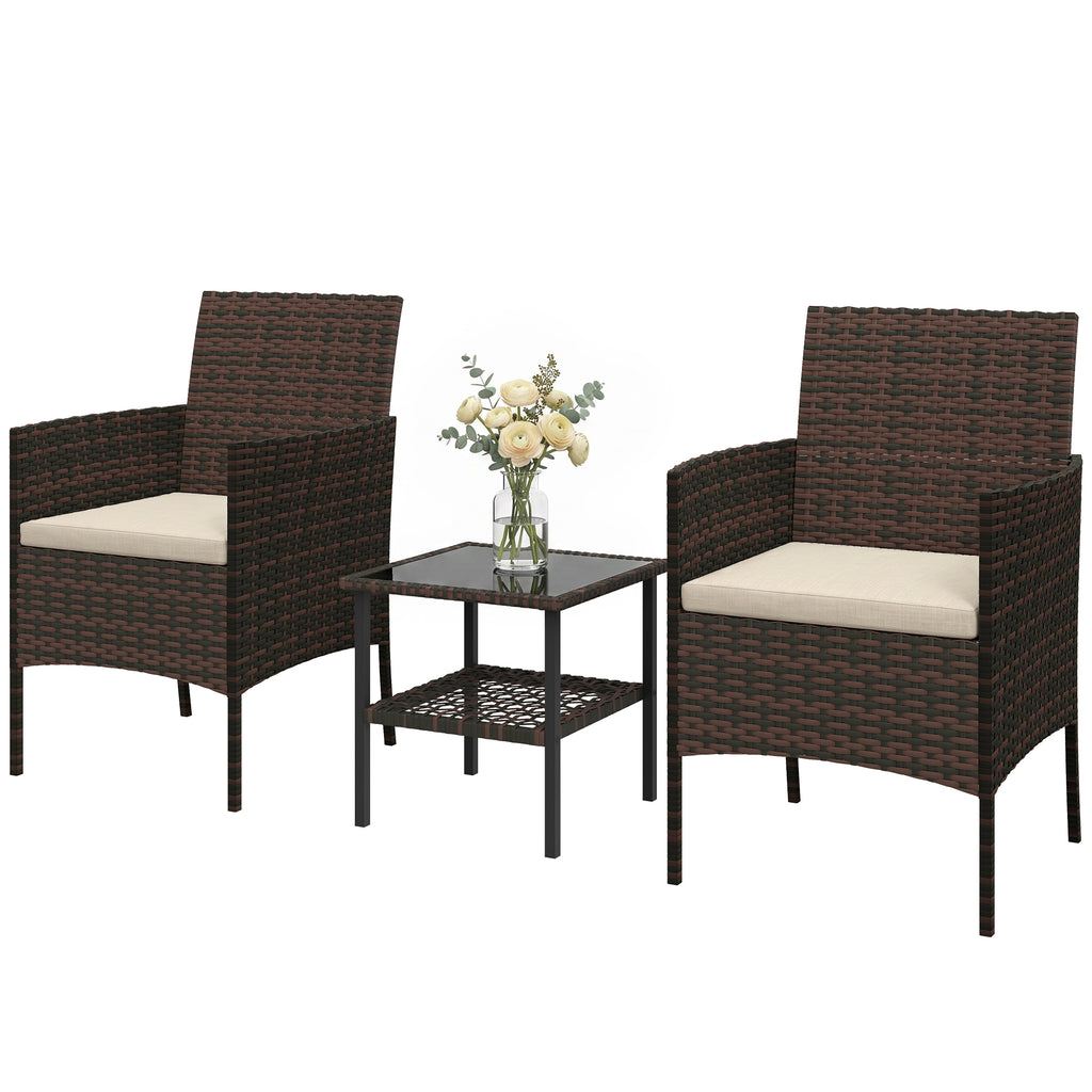 Wicker Bistro Set, 3 Piece Patio Furniture Set with 2-Tier Glass Top Table, Cushions for Balcony, Porch, Khaki