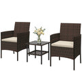 Wicker Bistro Set, 3 Piece Patio Furniture Set with 2-Tier Glass Top Table, Cushions for Balcony, Porch, Khaki