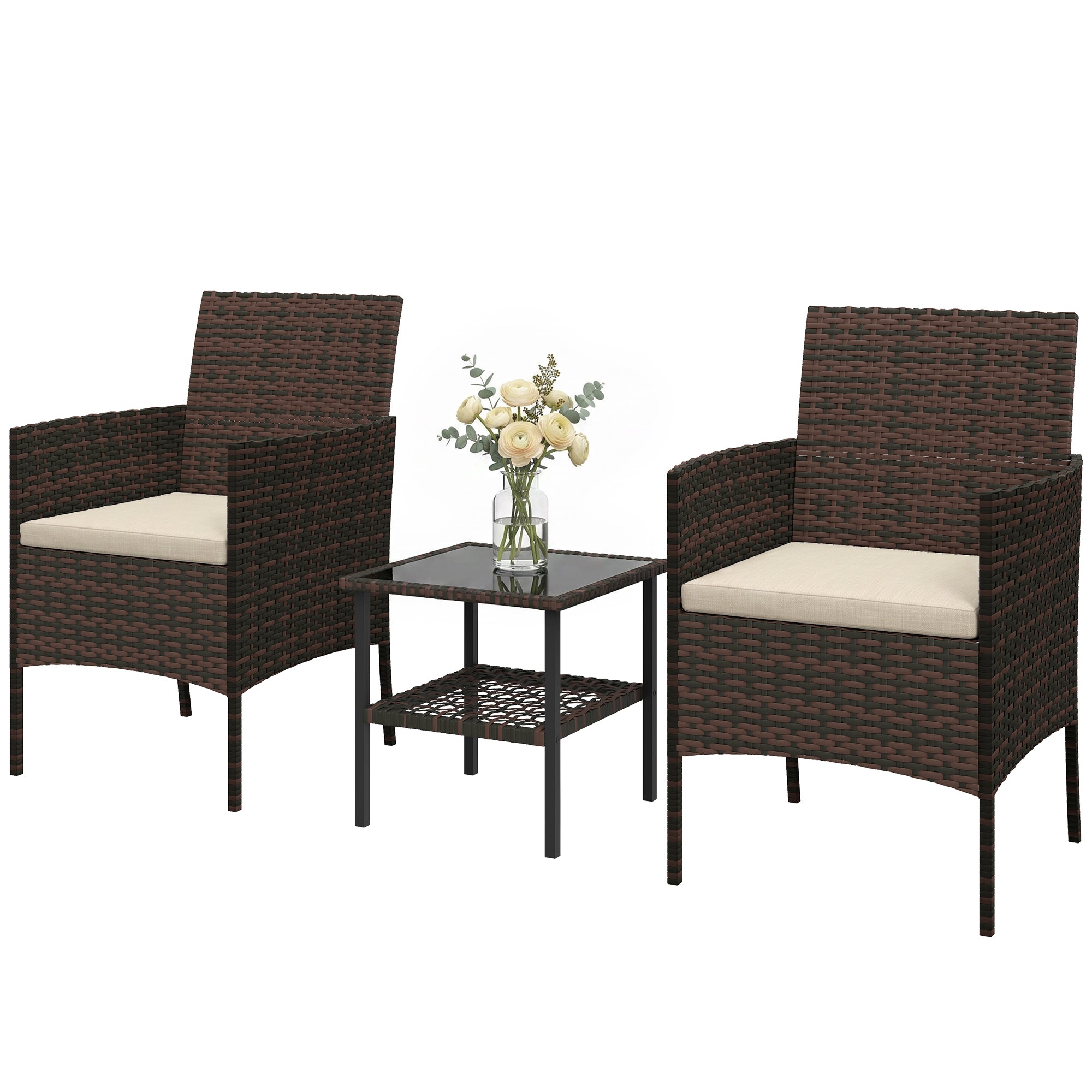 Wicker Bistro Set, 3 Piece Patio Furniture Set with 2-Tier Glass Top Table, Cushions for Balcony, Porch, Khaki