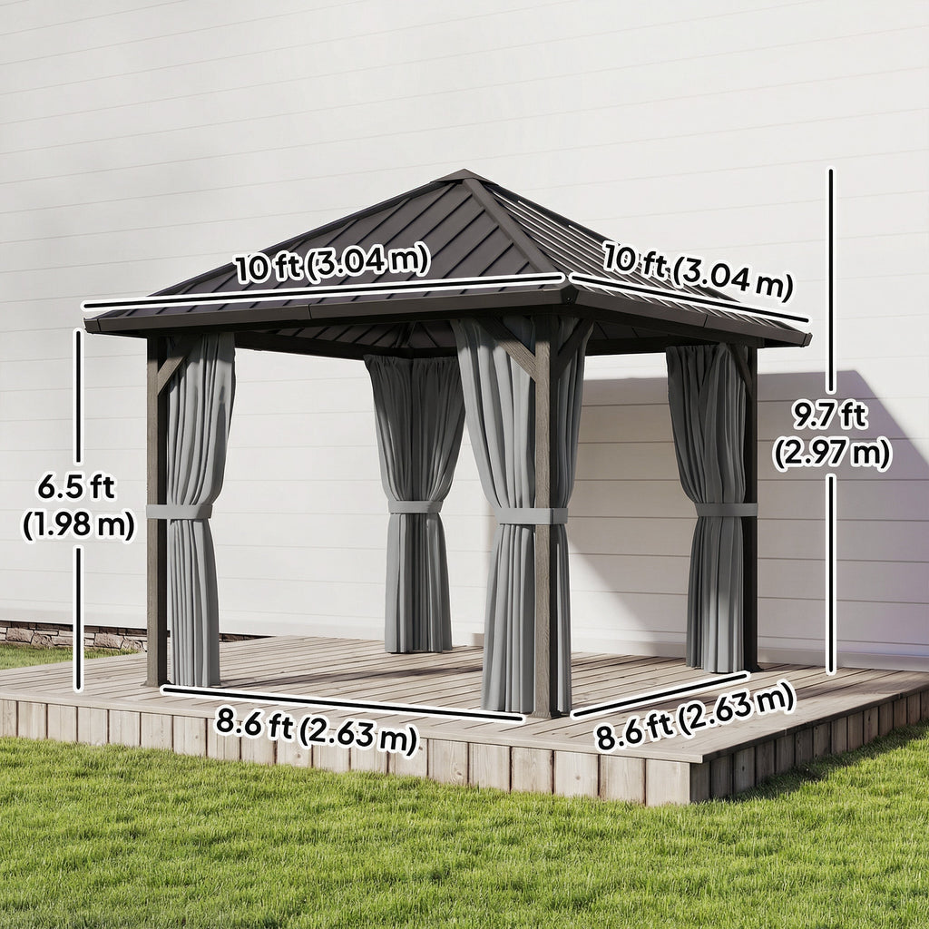 10' x 10' Hardtop Gazebo with Galvanized Steel Roof, Permanent Garden Gazebo with Netting and Curtains