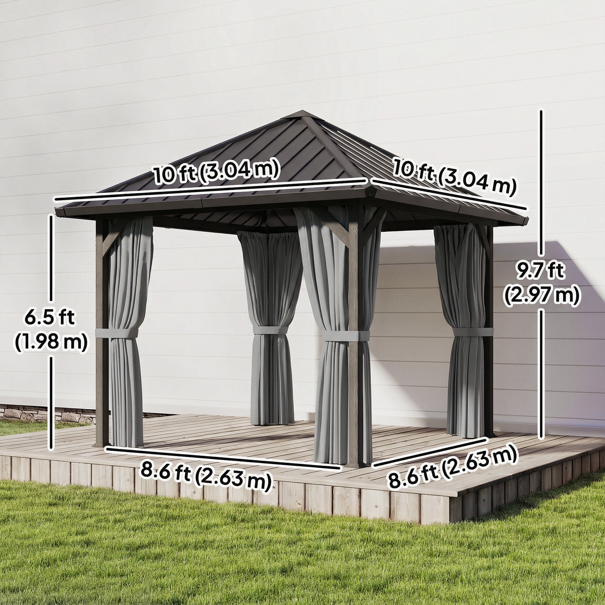 10' x 10' Hardtop Gazebo with Galvanized Steel Roof, Permanent Garden Gazebo with Netting and Curtains