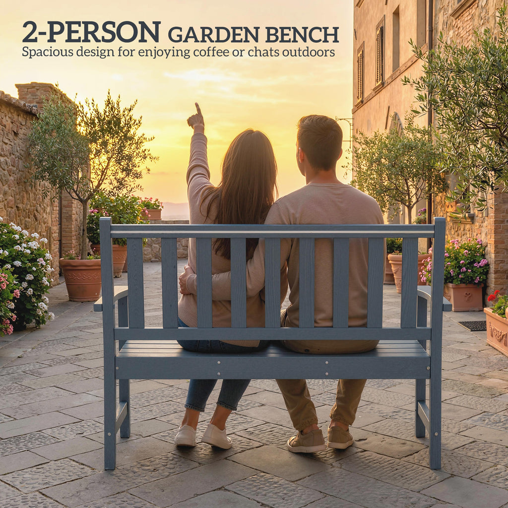 Outdoor Bench, HDPE Weatherproof Garden Bench, 2-Person Garden Seating with Slatted Seat