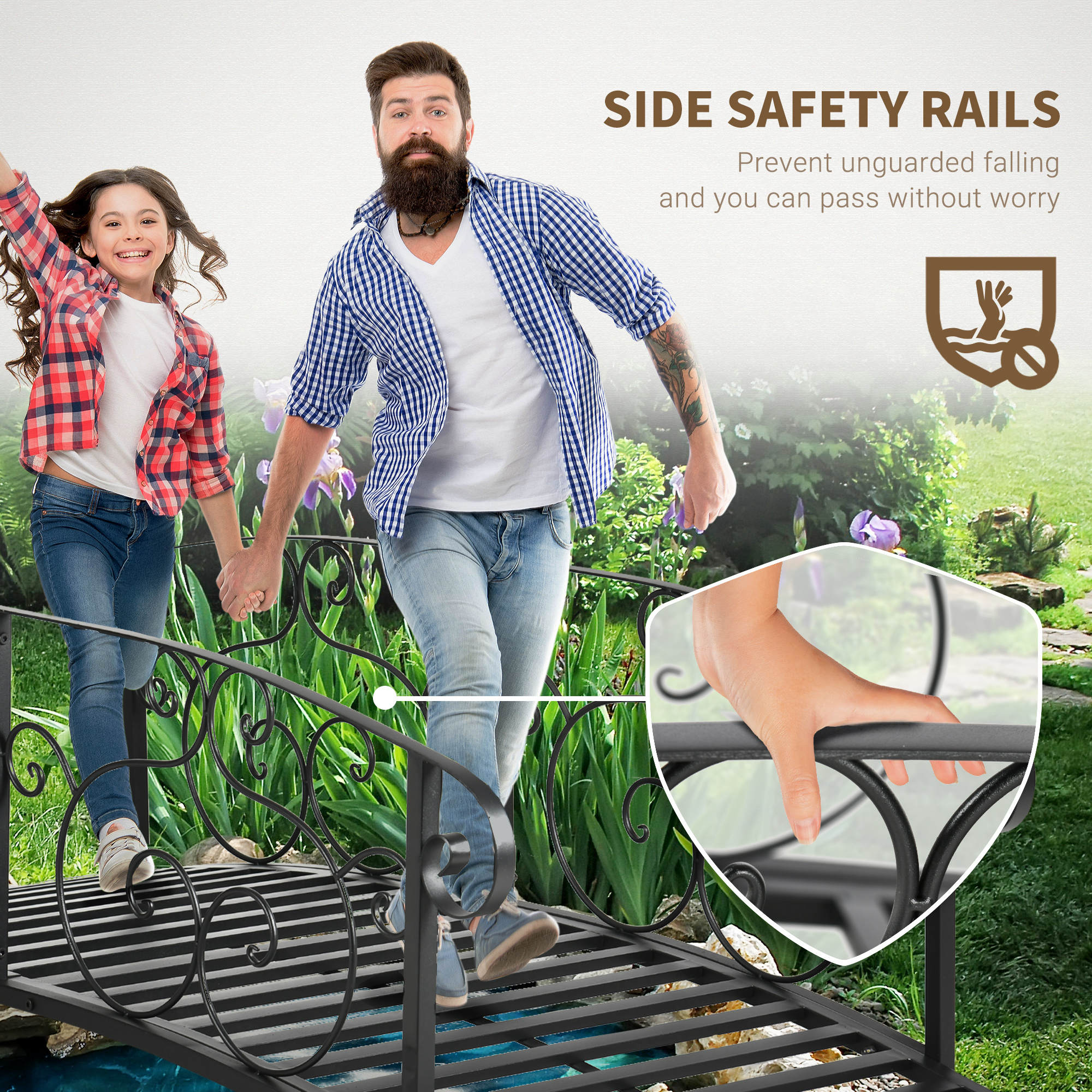 6FT Steel Garden Bridge with Safety Siderails, Decorative Arc Landscaping Bridge for Backyard Creek Stream Pond, Black