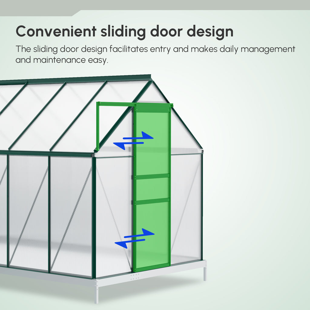 6' x 12' x 6.5' Polycarbonate Greenhouse, Walk-in Green House with Adjustable Roof Vent Galvanized Base Sliding Door Rain Gutter for Outdoor Garden Backyard, Green