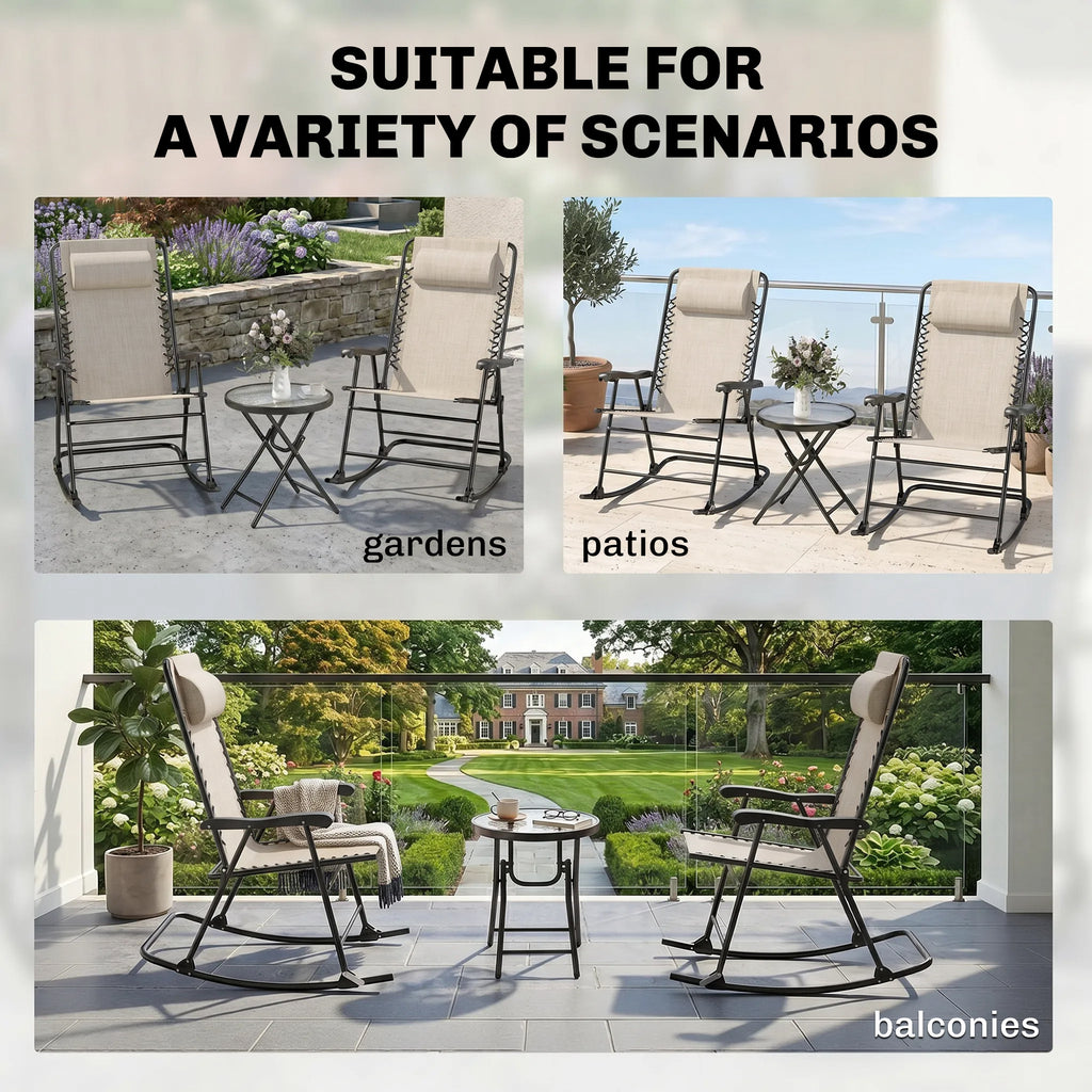 3pc Patio Rocking Chair Set, Folding Outdoor Rocking Chairs and Table Bistro Set w/ Breathable Mesh Seat & Backrest, Headrest for Park, Backyard, Garden, Cream White