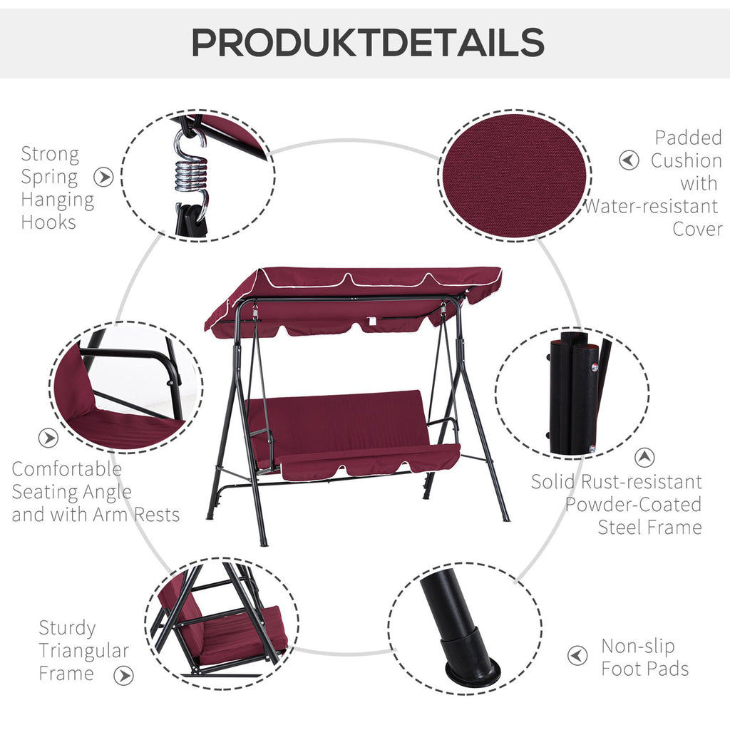 3-Seater Outdoor Swing with Adjustable Canopy, Patio Swing Chair for Garden, Poolside, Backyard, Wine Red