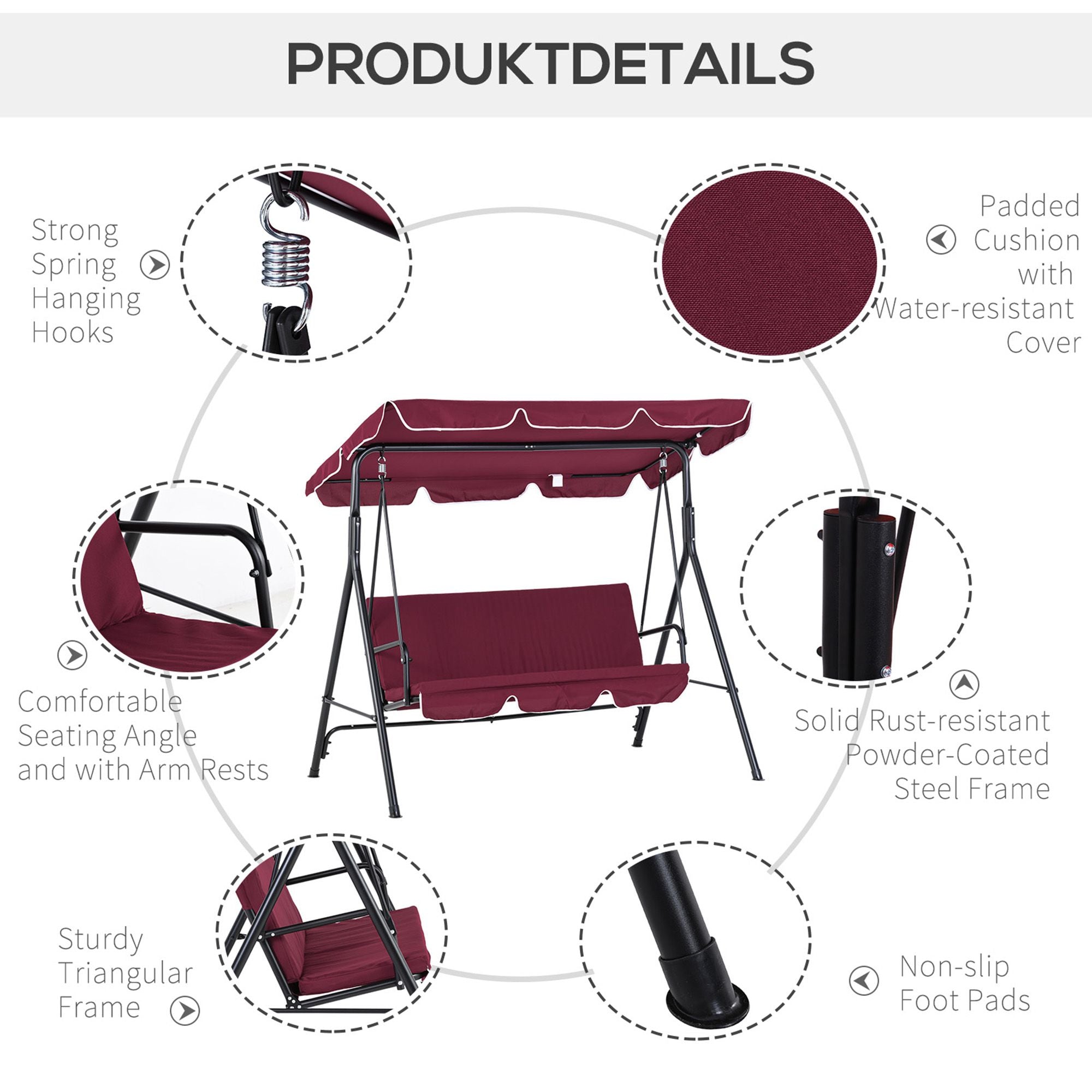 3-Seater Outdoor Swing with Adjustable Canopy, Patio Swing Chair for Garden, Poolside, Backyard, Wine Red