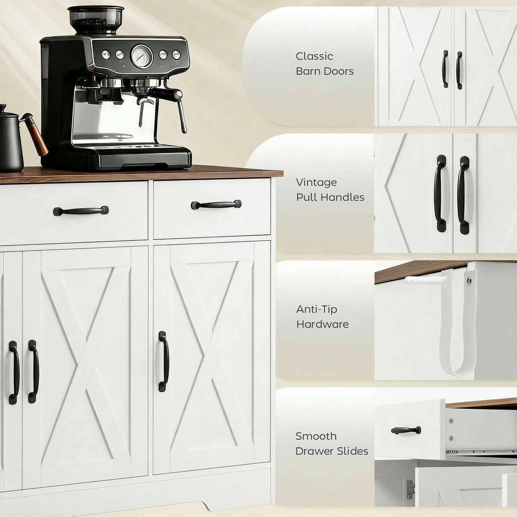 Sideboard Buffet Cabinet, 43" Farmhouse Kitchen Cabinet with 3 Barn Doors, 2 Drawers, 2 Adjustable Shelves, White