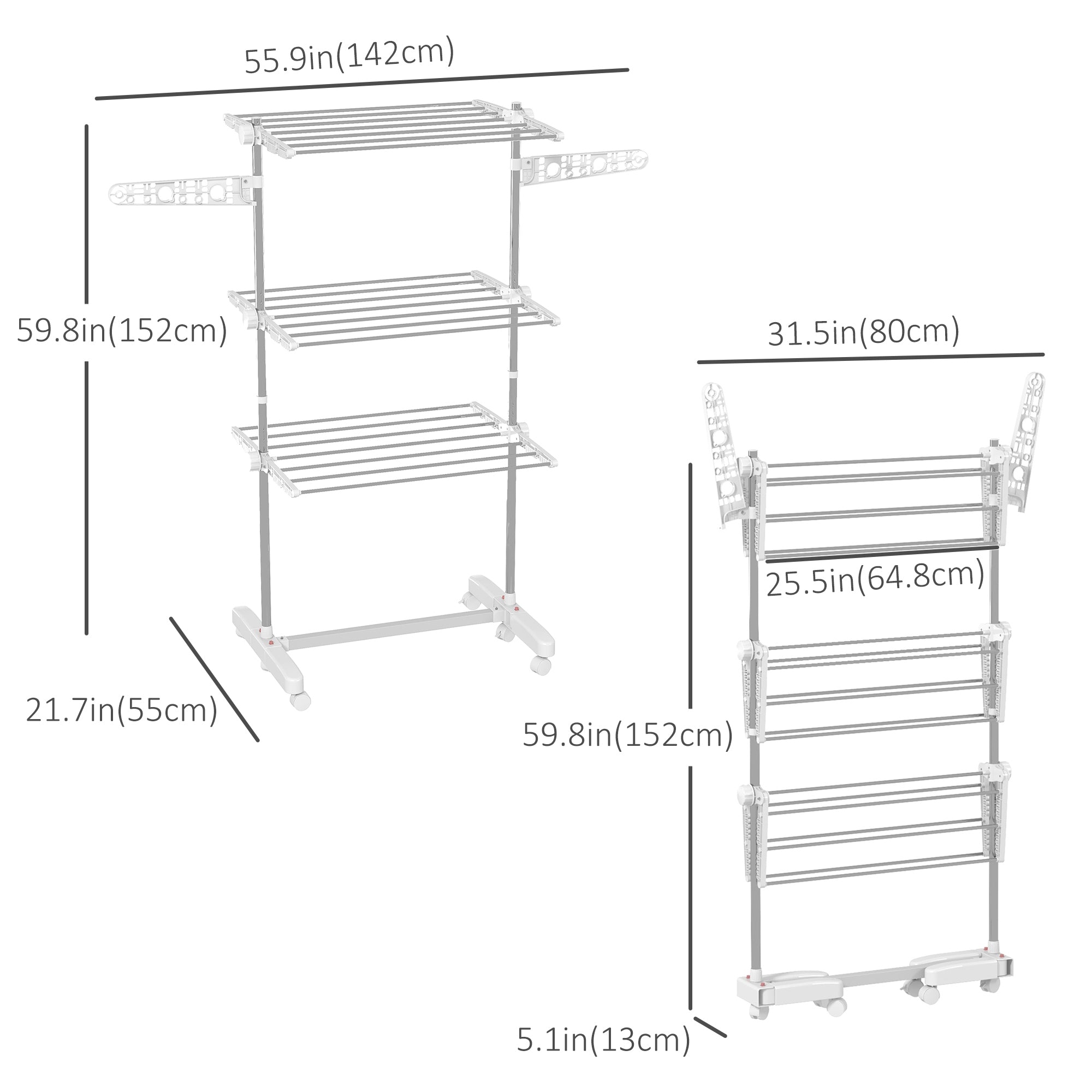 3-Tier Foldable Clothes Drying Rack, Stainless Steel Laundry Rack with 2 Side Wings and 6 Castors, Collapsible Adjustable Clothes Airer for Indoor Outdoor, White