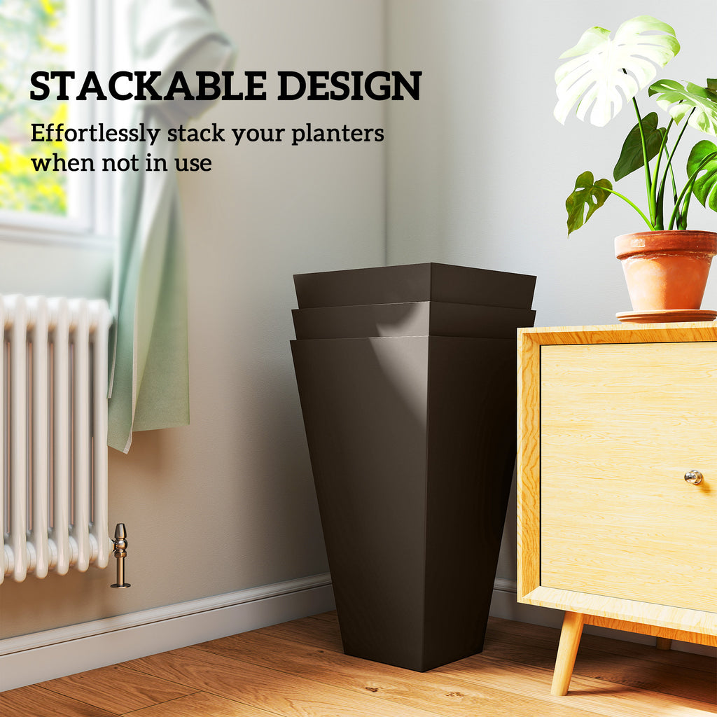 28" Tall Garden Plastic Planters, Outdoor and Indoor Flower Pots, Set of 3 for Entryway, Patio, Yard, Brown