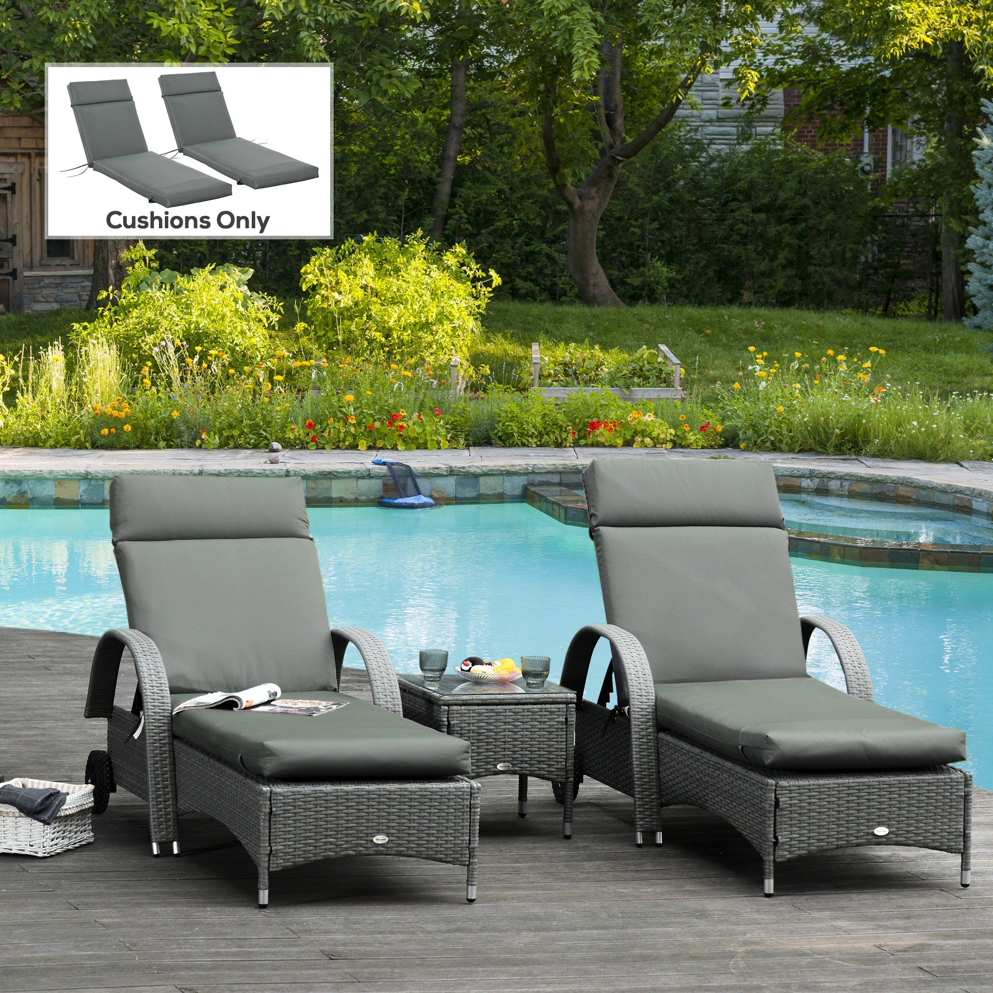 Outdoor Lounge Chair Cushion Set of 2, Non-Slip Chaise Lounge Cushions, Sun Lounger Pads, 77.2" x 21.7", Dark Grey