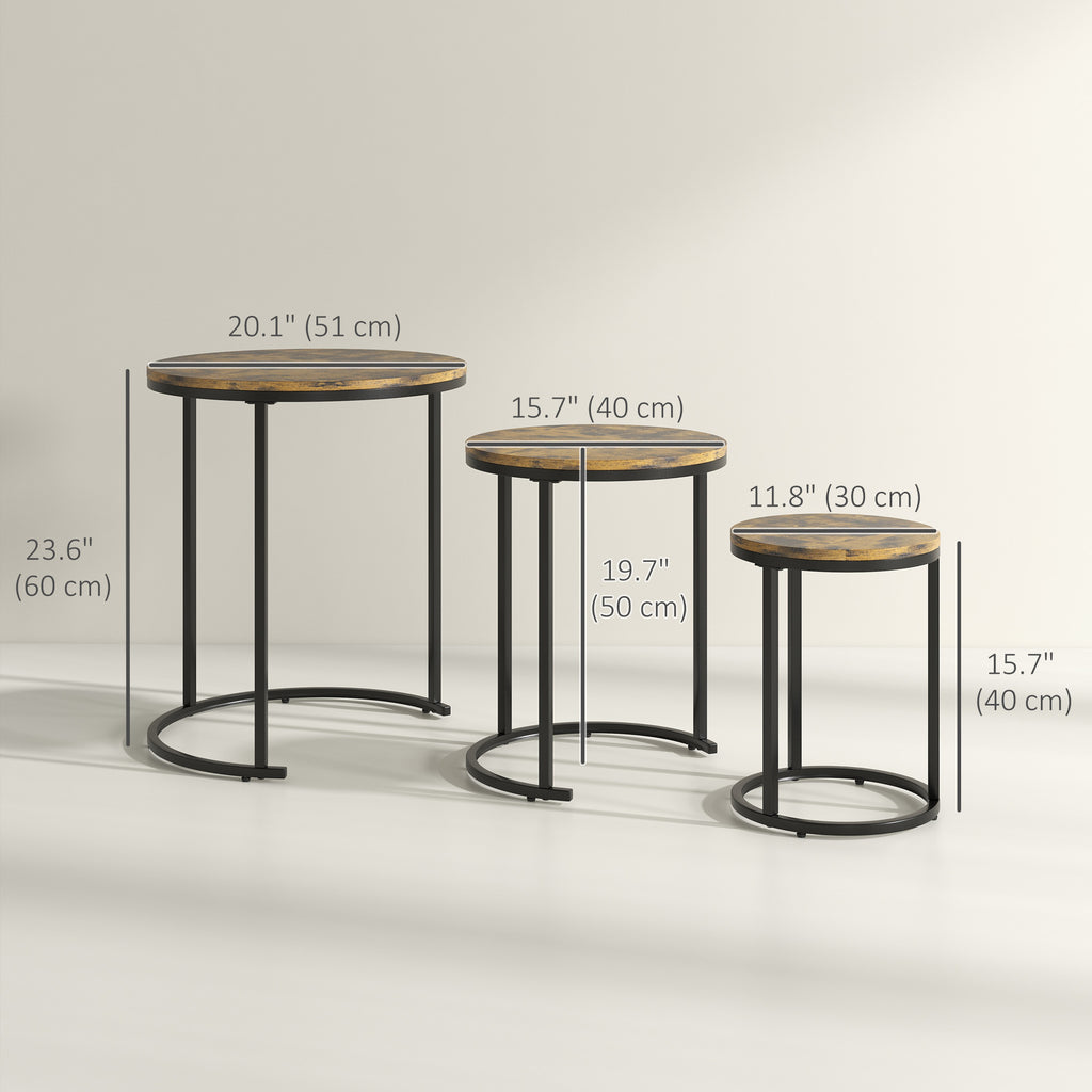 Nesting Coffee Tables Set of 3, Stacking Round Side Tables with Steel Frame for Living Room, Rustic Brown