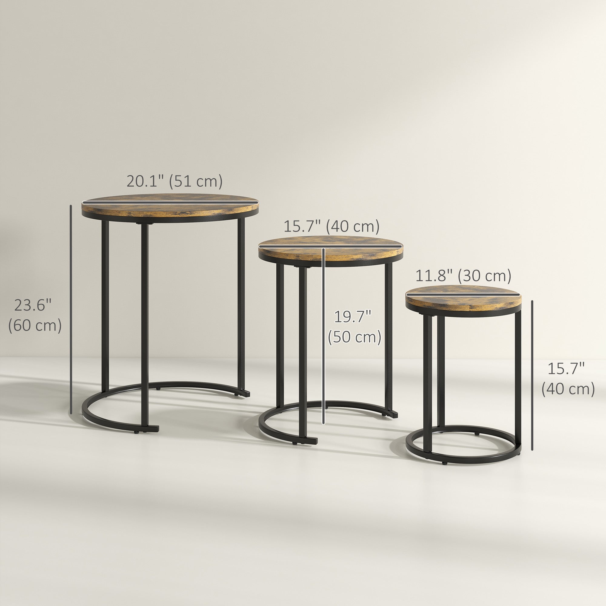 Nesting Coffee Tables Set of 3, Stacking Round Side Tables with Steel Frame for Living Room, Rustic Brown