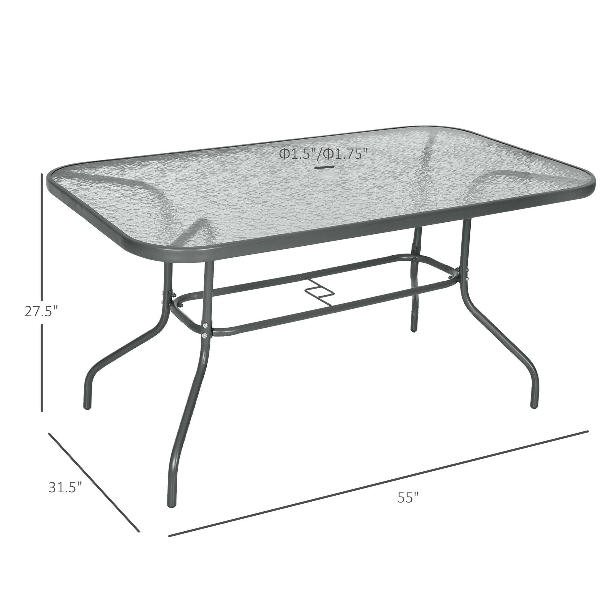 Metal Garden Dining Table with Umbrella Hole, Outdoor Patio Table with Tempered Glass Top, 55" x 31.5"