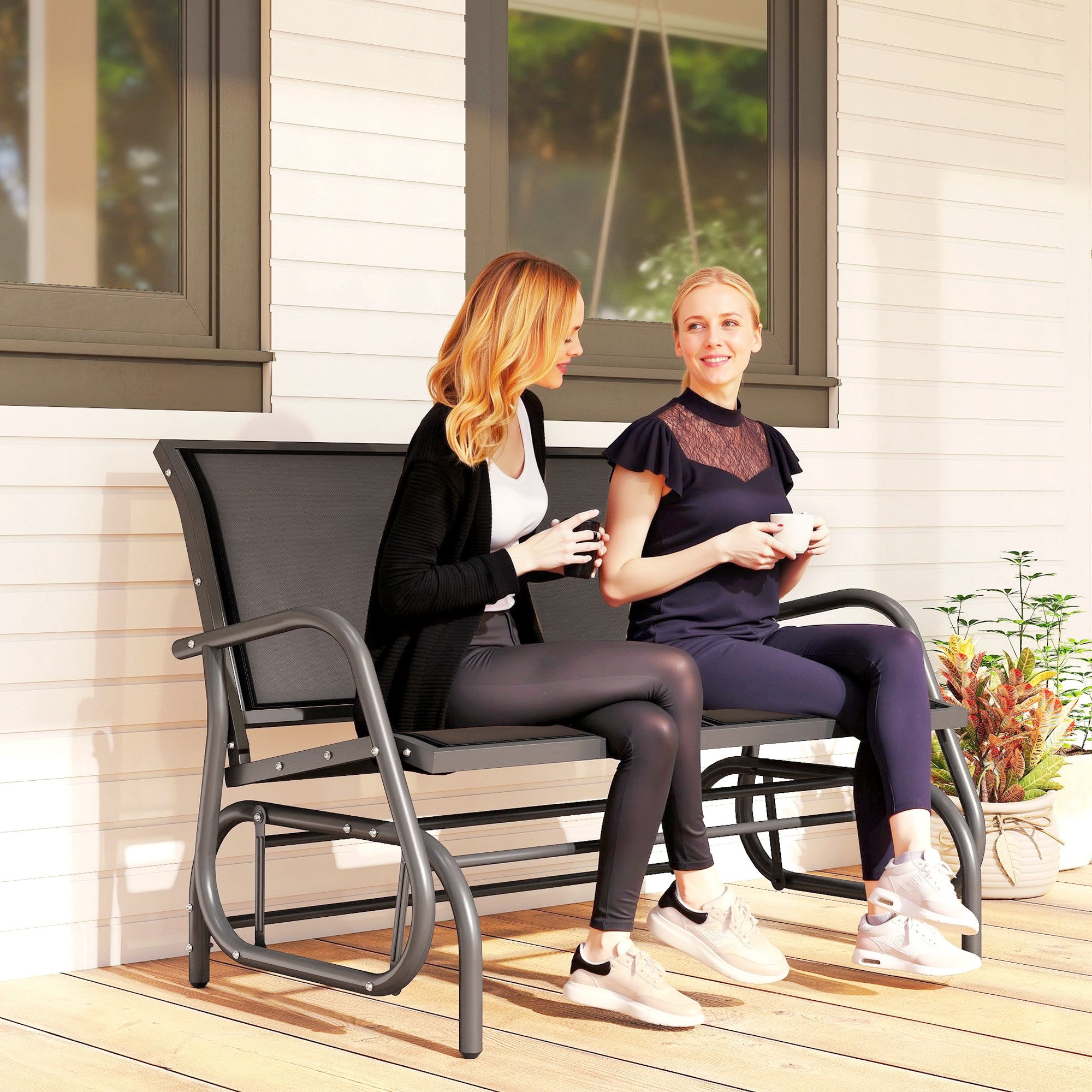 Patio Double Glider Bench Swing Chair Rocker Heavy-Duty Loveseat Outdoor Garden Rocking Bench Steel Frame Sling Fabric Seat Black
