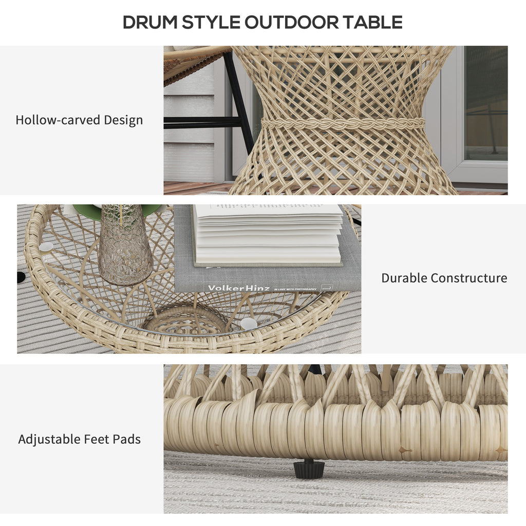 Wicker Outdoor Coffee Table, 18" Round Drum-Style Outdoor Patio Table with Tempered Glass Top, Light Brown