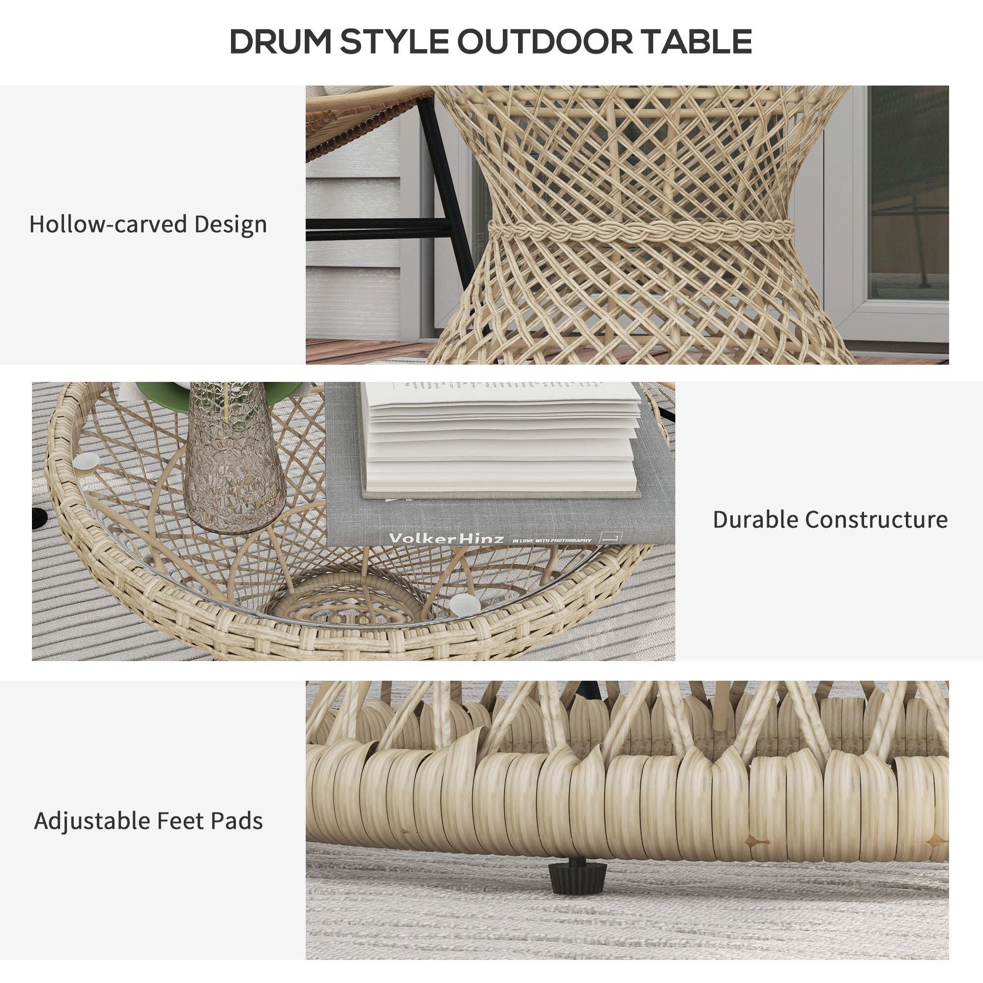 Wicker Outdoor Coffee Table, 18" Round Drum-Style Outdoor Patio Table with Tempered Glass Top, Light Brown