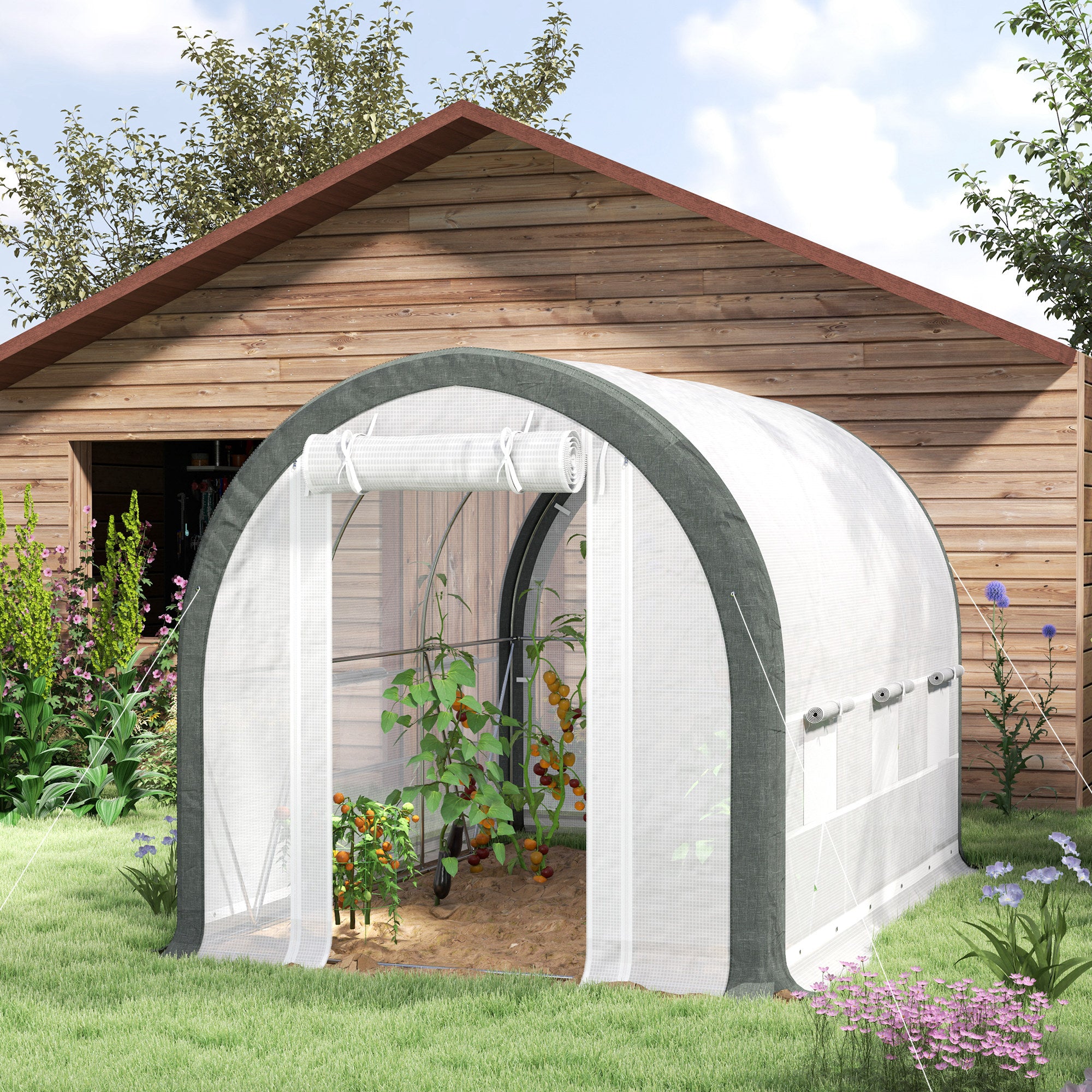10'x6.6'x6.6' Upgraded Tunnel Greenhouse Green House with Mesh Door and Windows, 6 Plant Labels and Gloves, White