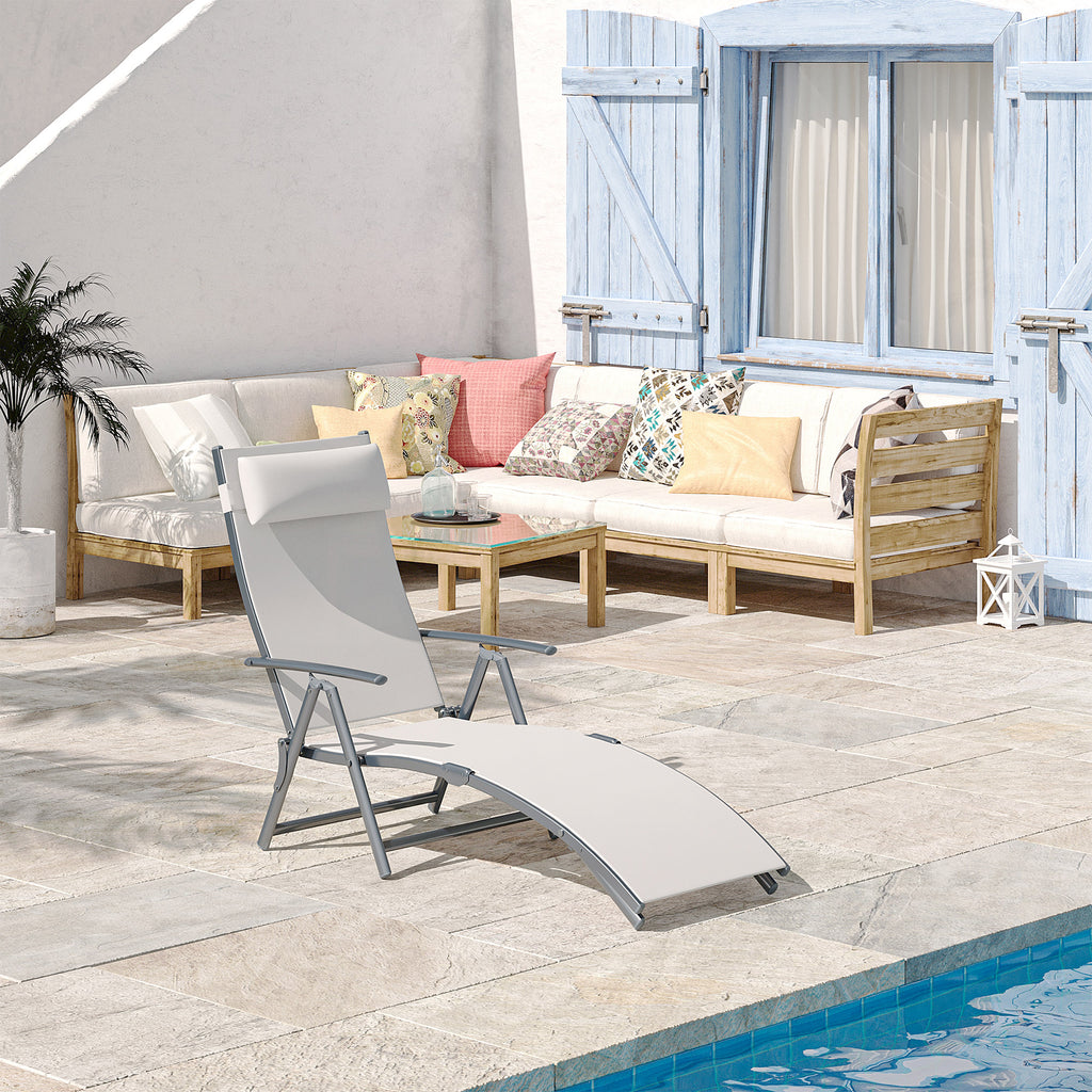 Outdoor Folding Chaise Lounge Chair Steel Portable Recliner with 7 Adjustable Backrest Positions, Cream White