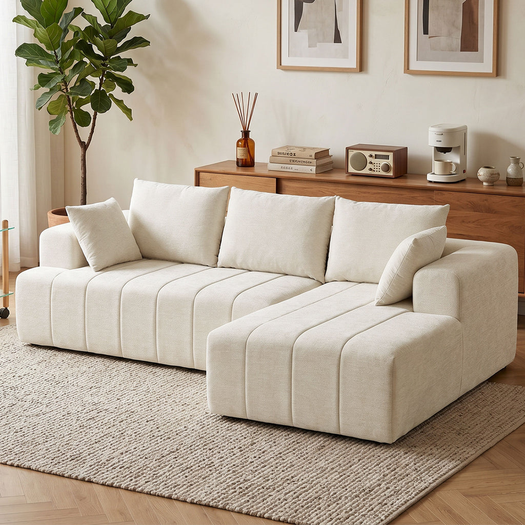 101" Modular Sectional Sofa with Chaise, Chenille Boneless Cloud Sofa Bed, 3 Seater L-Shaped Couch, No Assembly, Beige