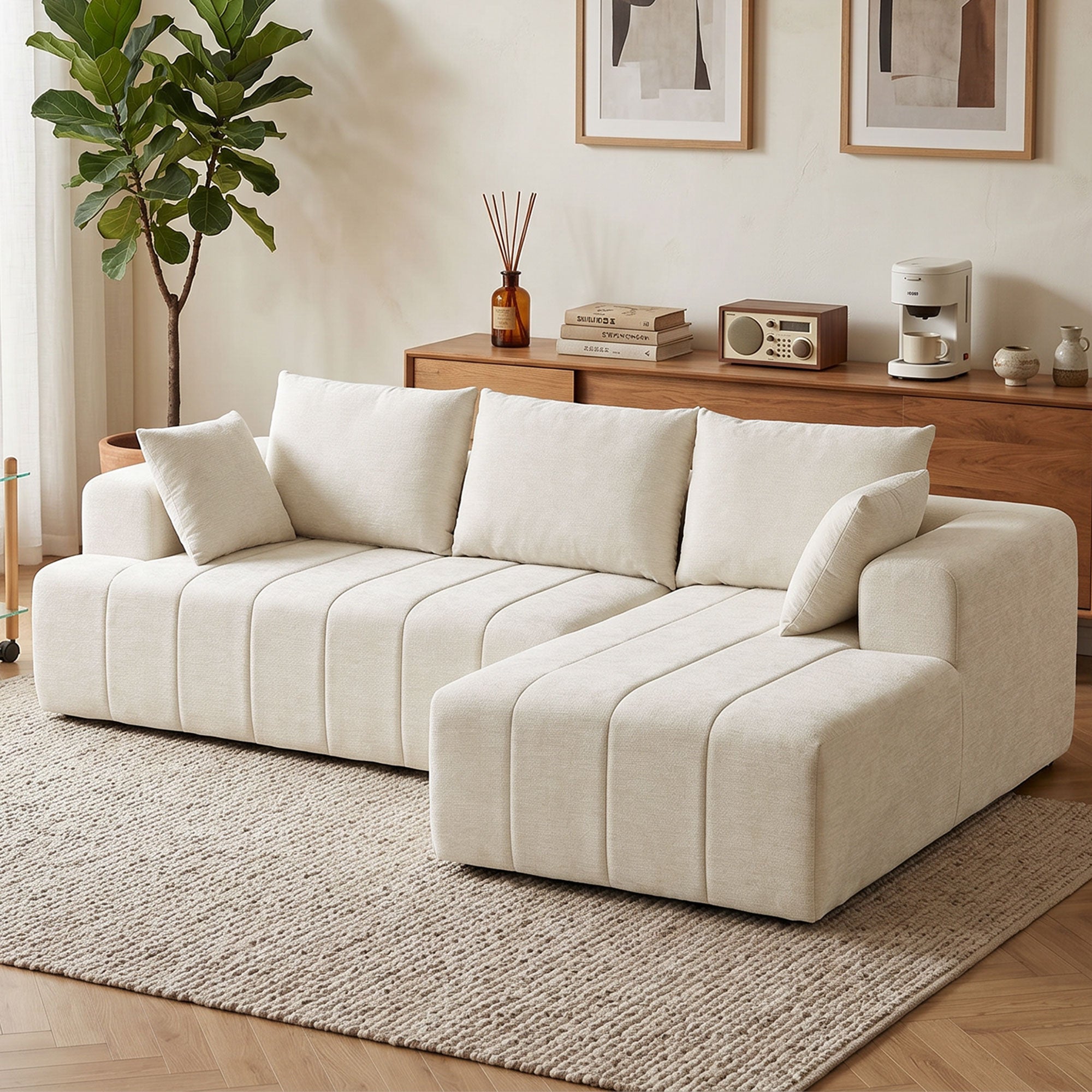 101" Modular Sectional Sofa with Chaise, Chenille Boneless Cloud Sofa Bed, 3 Seater L-Shaped Couch, No Assembly, Beige